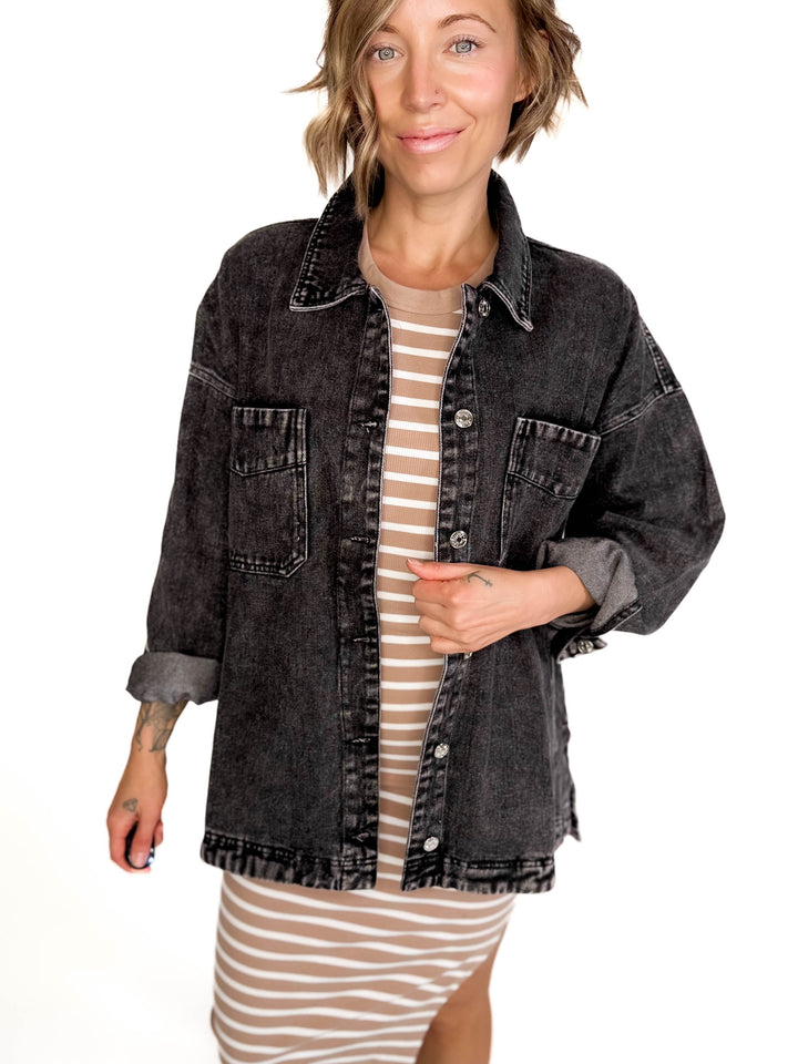 Nikki Button Down Denim Jacket- WASHED BLACK