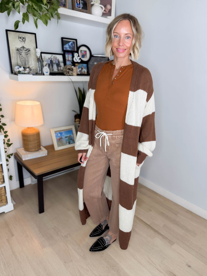 Emma Striped Long Knit Cardigan- BROWN