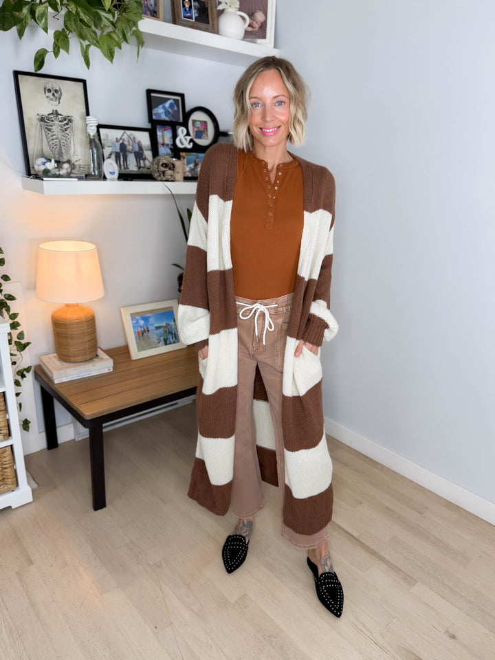 Emma Striped Long Knit Cardigan- BROWN