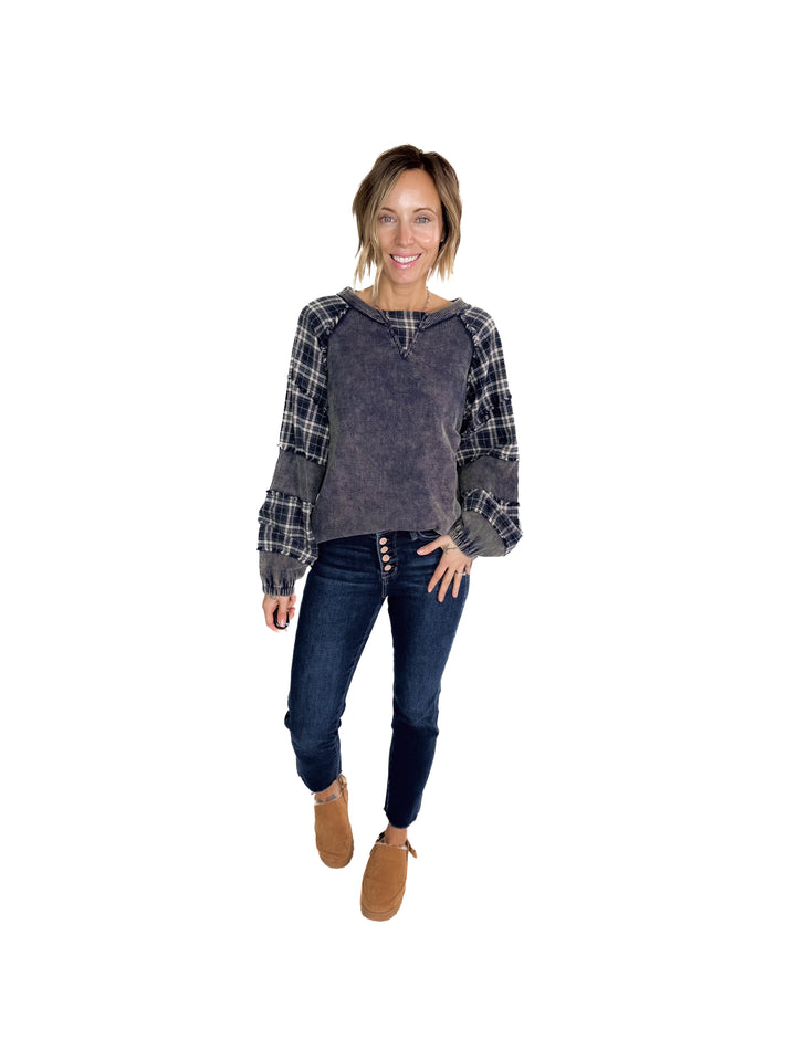 Sage Contrast Plaid Waffle Pullover- WASHED NAVY