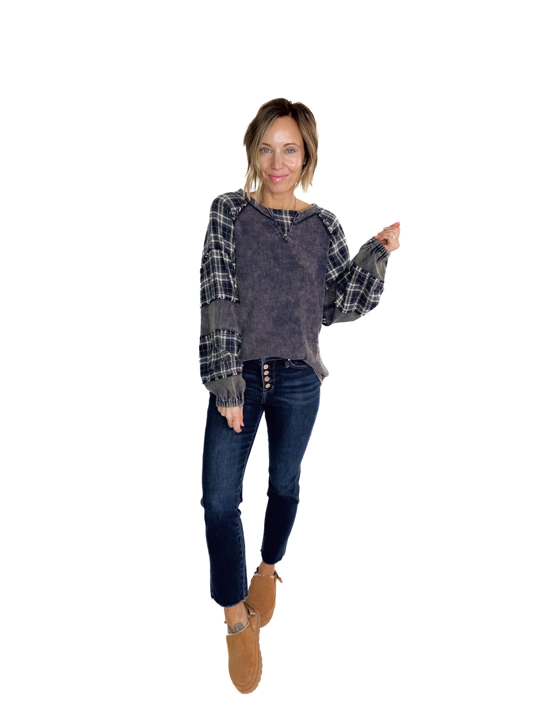 Sage Contrast Plaid Waffle Pullover- WASHED NAVY