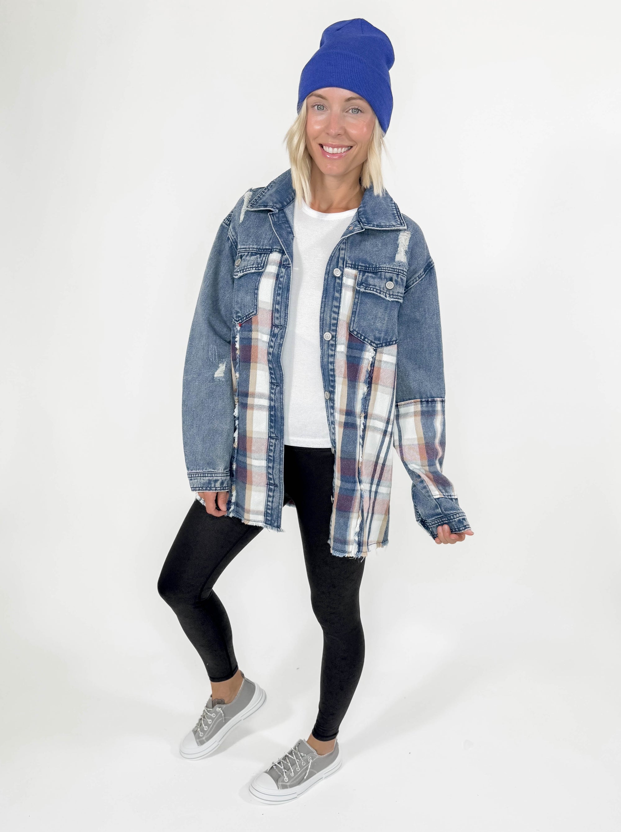 Sidney Washed Plaid Contrast Denim Shacket-FINAL SALE