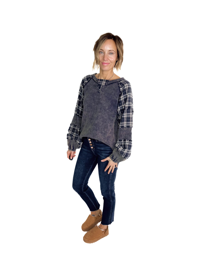 Sage Contrast Plaid Waffle Pullover- WASHED NAVY