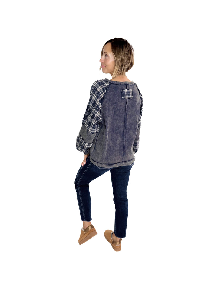 Sage Contrast Plaid Waffle Pullover- WASHED NAVY