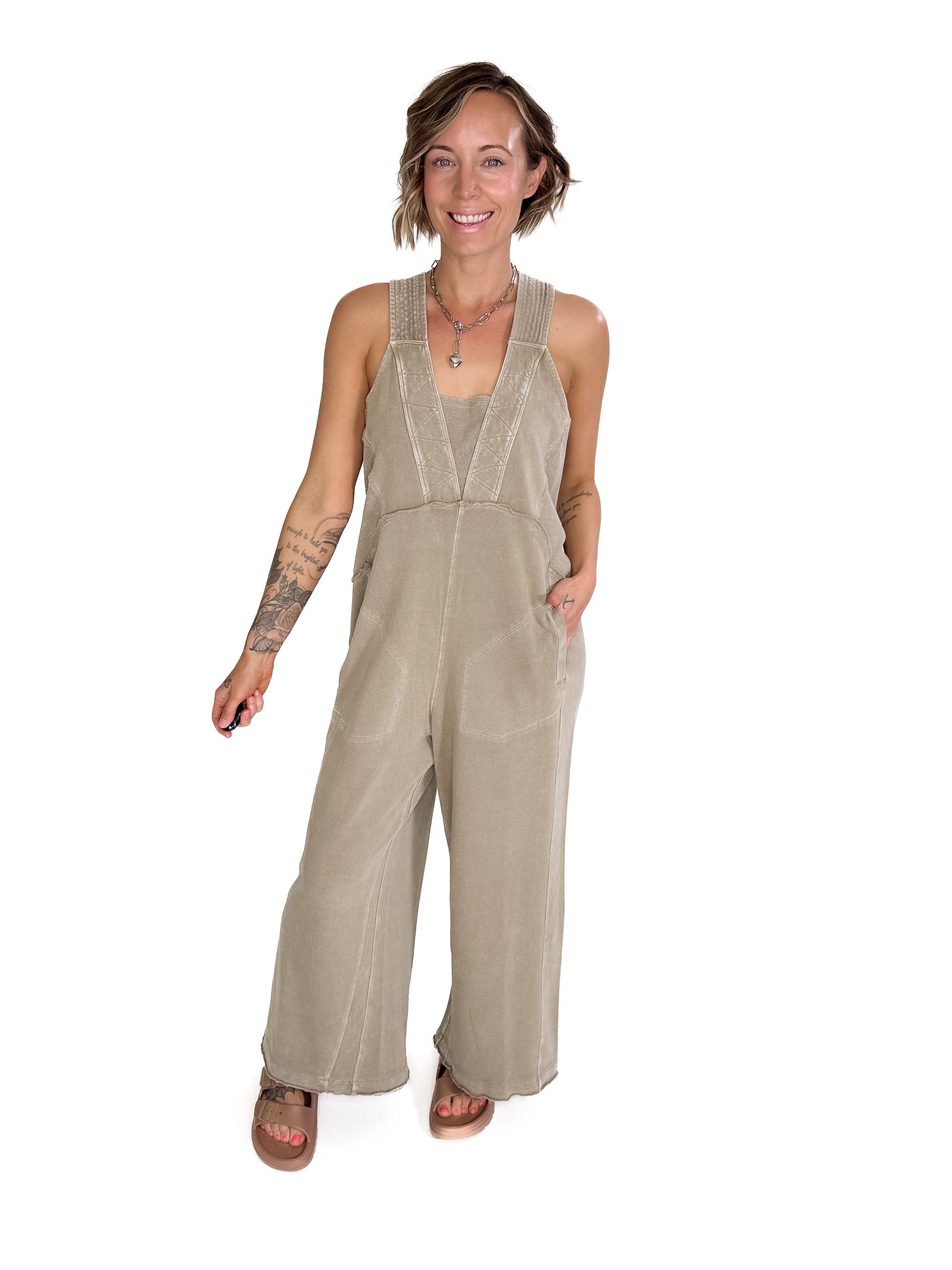 Tasoula Soft Terry Mineral Wash Jumpsuit- TAUPE GREY
