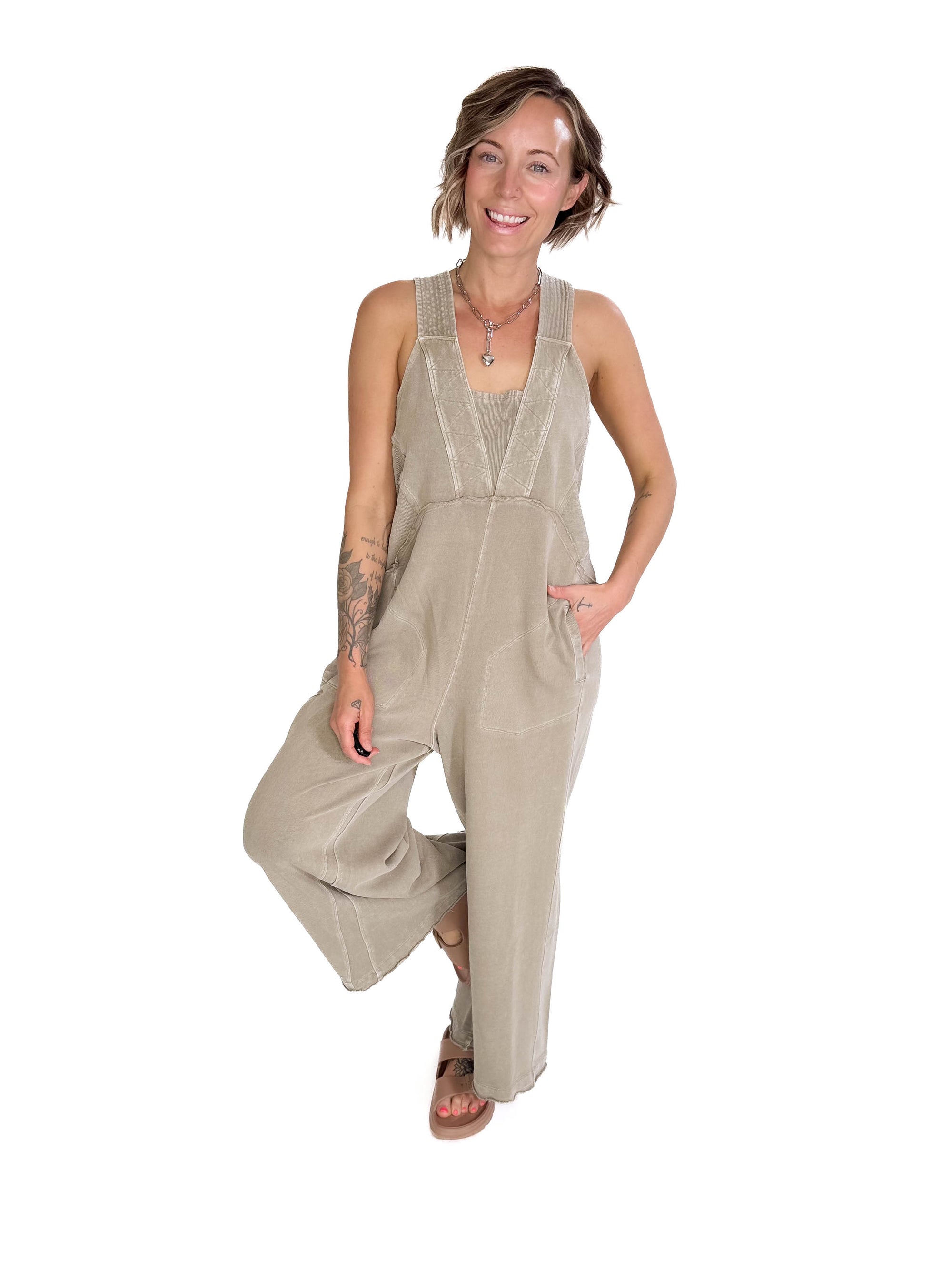 Tasoula Soft Terry Mineral Wash Jumpsuit- TAUPE GREY