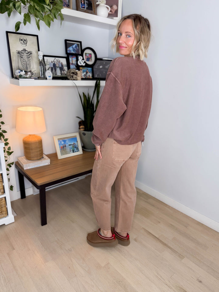 Aven Essential Corded Crew Neck Top- CAPPUCCINO