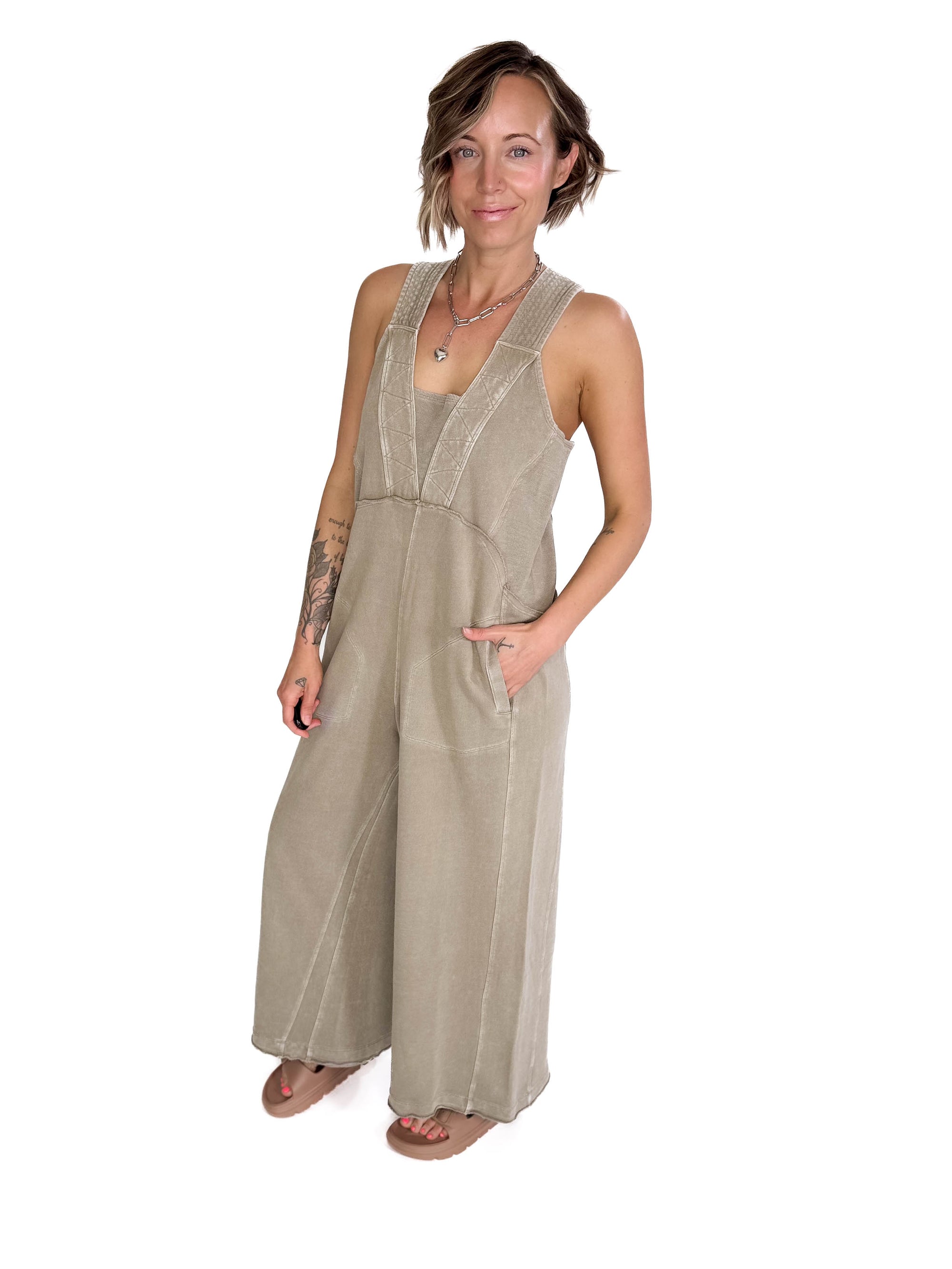 Tasoula Soft Terry Mineral Wash Jumpsuit- TAUPE GREY