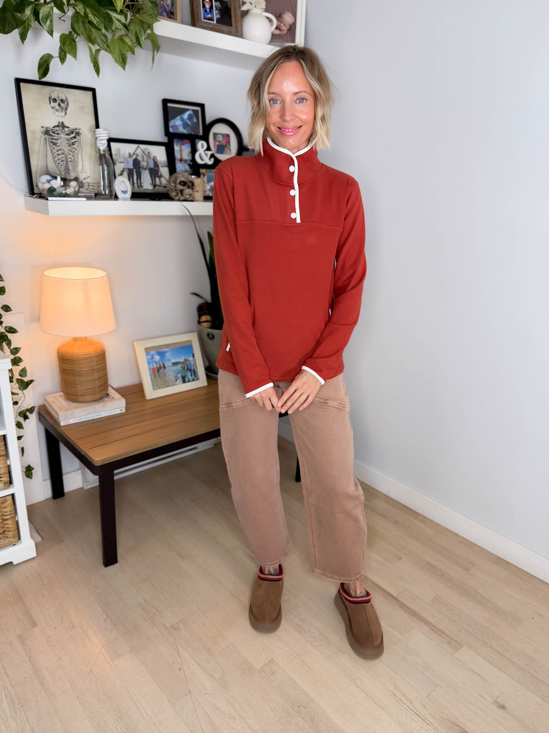 Garnet Funnel Neck Polar Fleece Pullover- RUST