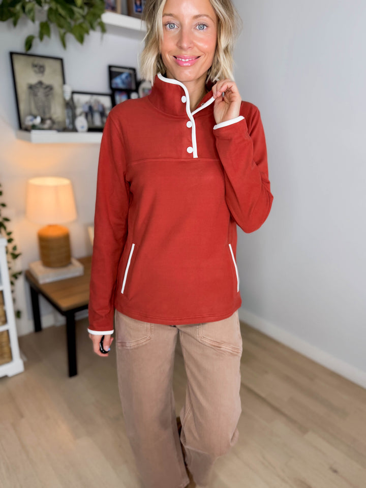 Garnet Funnel Neck Polar Fleece Pullover- RUST