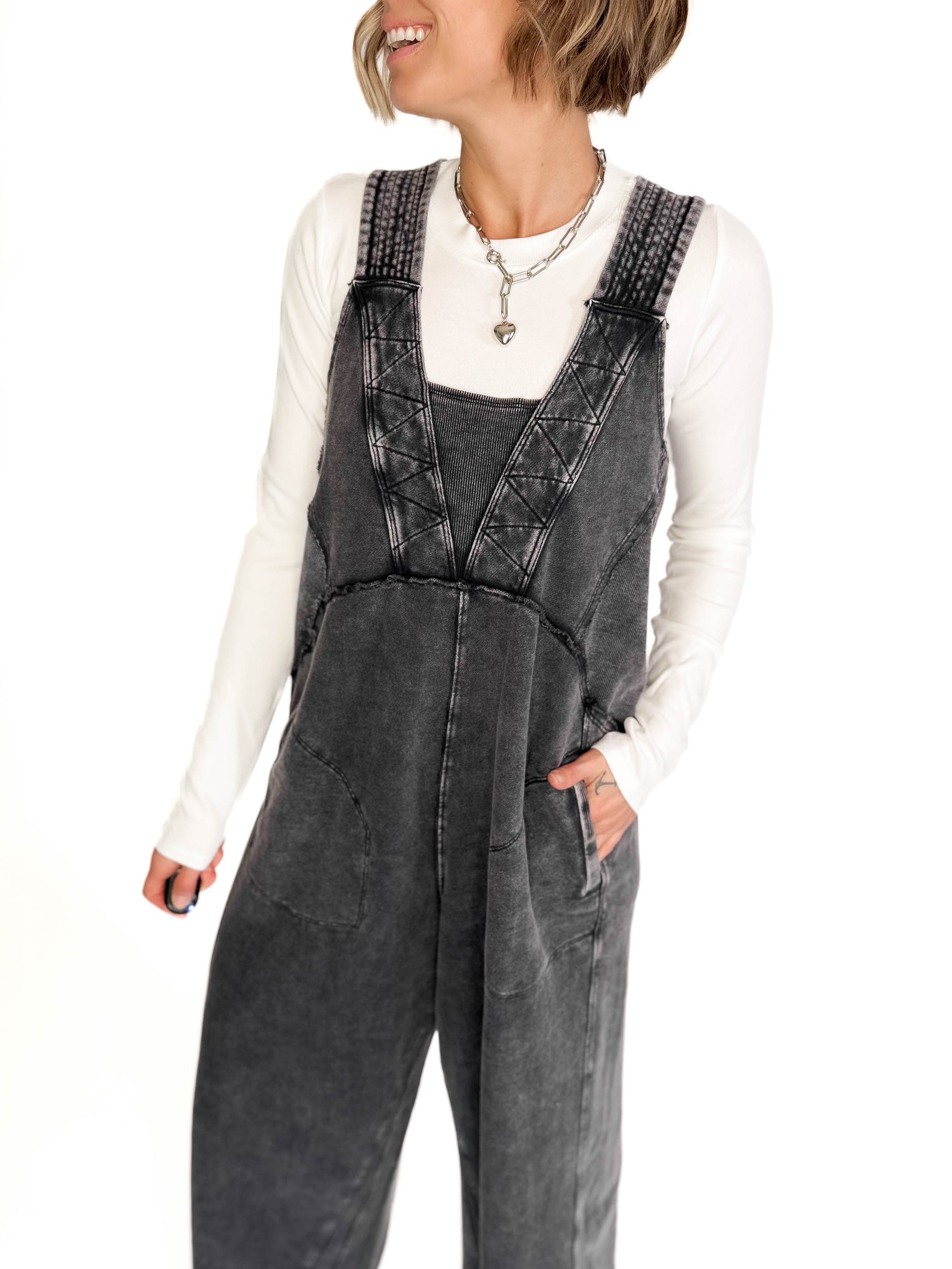 Tasoula Soft Terry Mineral Wash Jumpsuit- BLACK