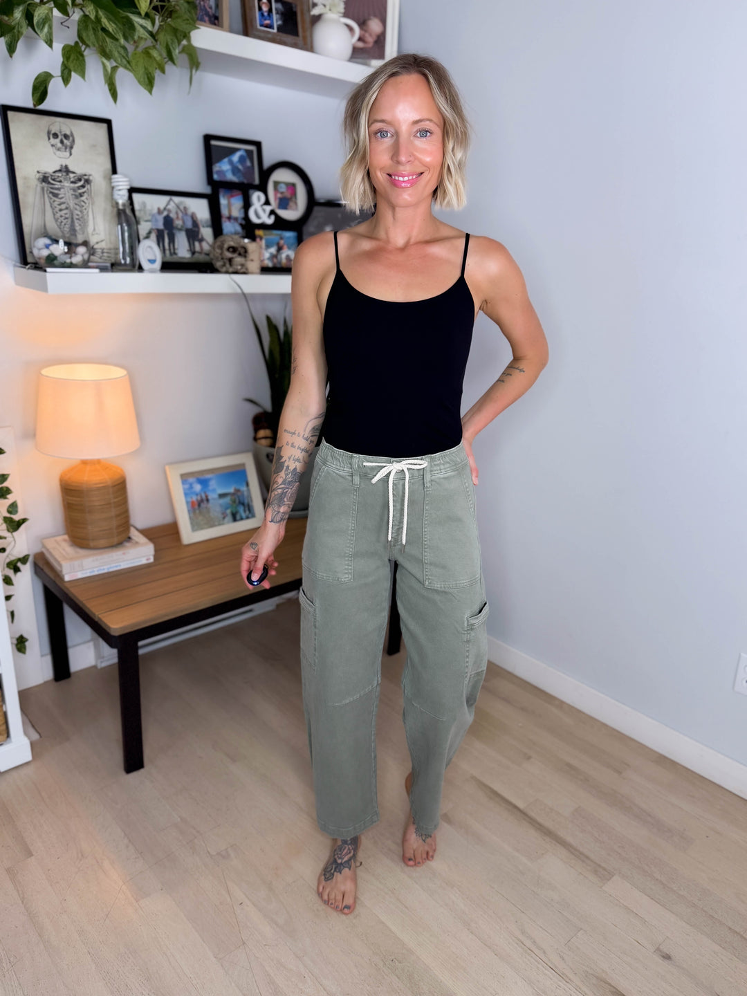 Flying Monkey Brianna High Rise Drawstring Cargo Barrel Jeans- ICEBERG GREEN