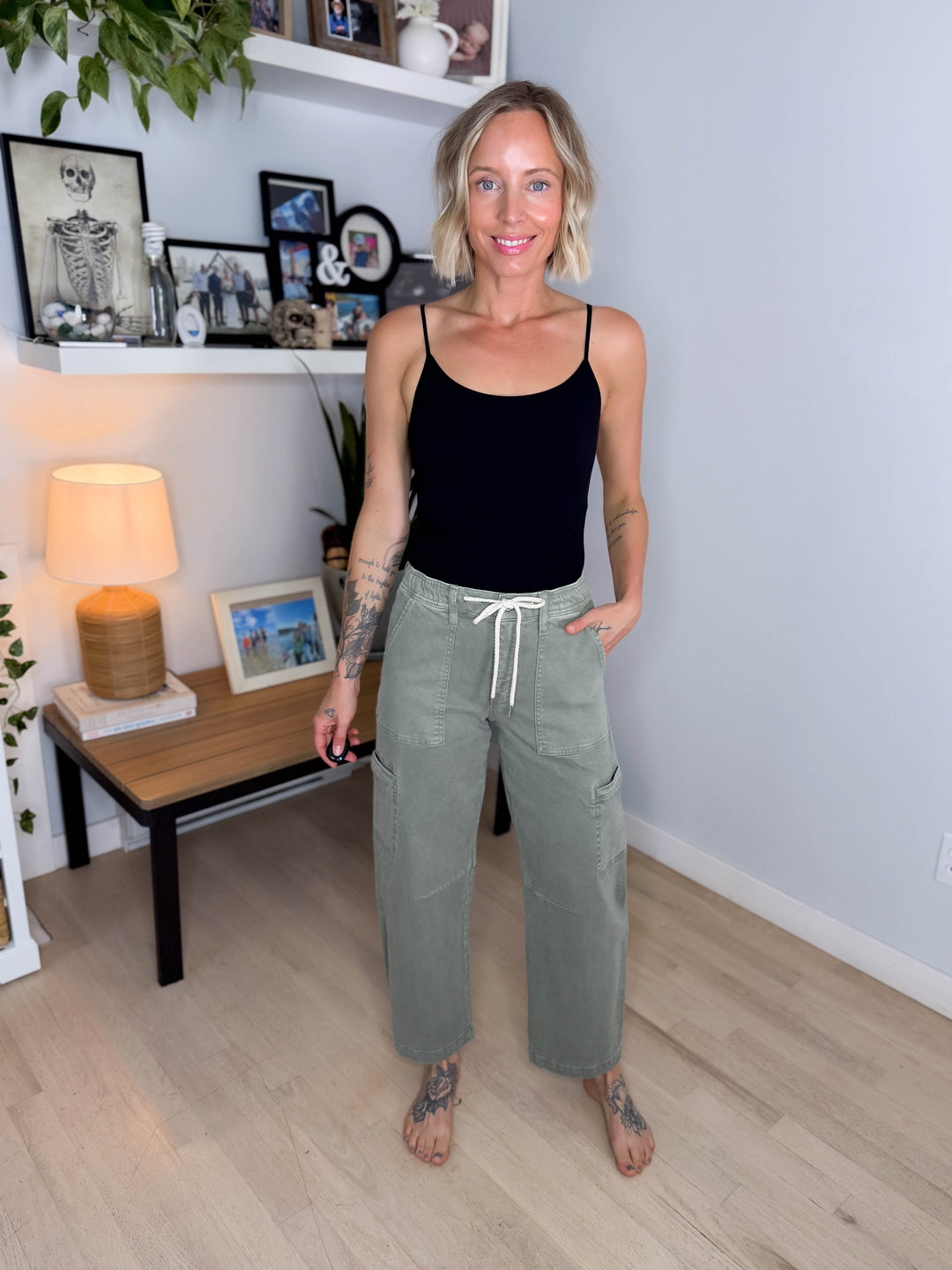Flying Monkey Brianna High Rise Drawstring Cargo Barrel Jeans- ICEBERG GREEN