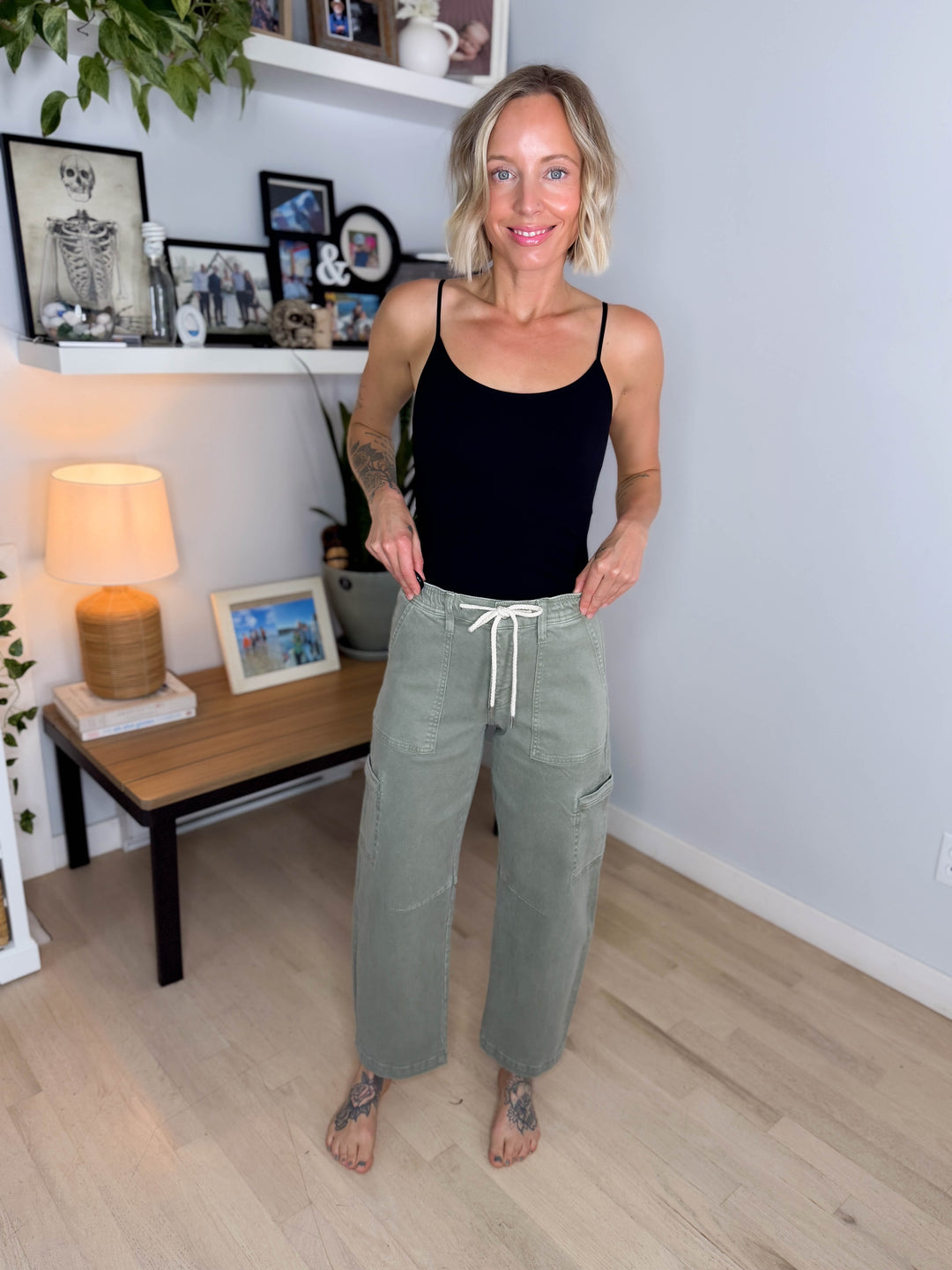 Flying Monkey Brianna High Rise Drawstring Cargo Barrel Jeans- ICEBERG GREEN