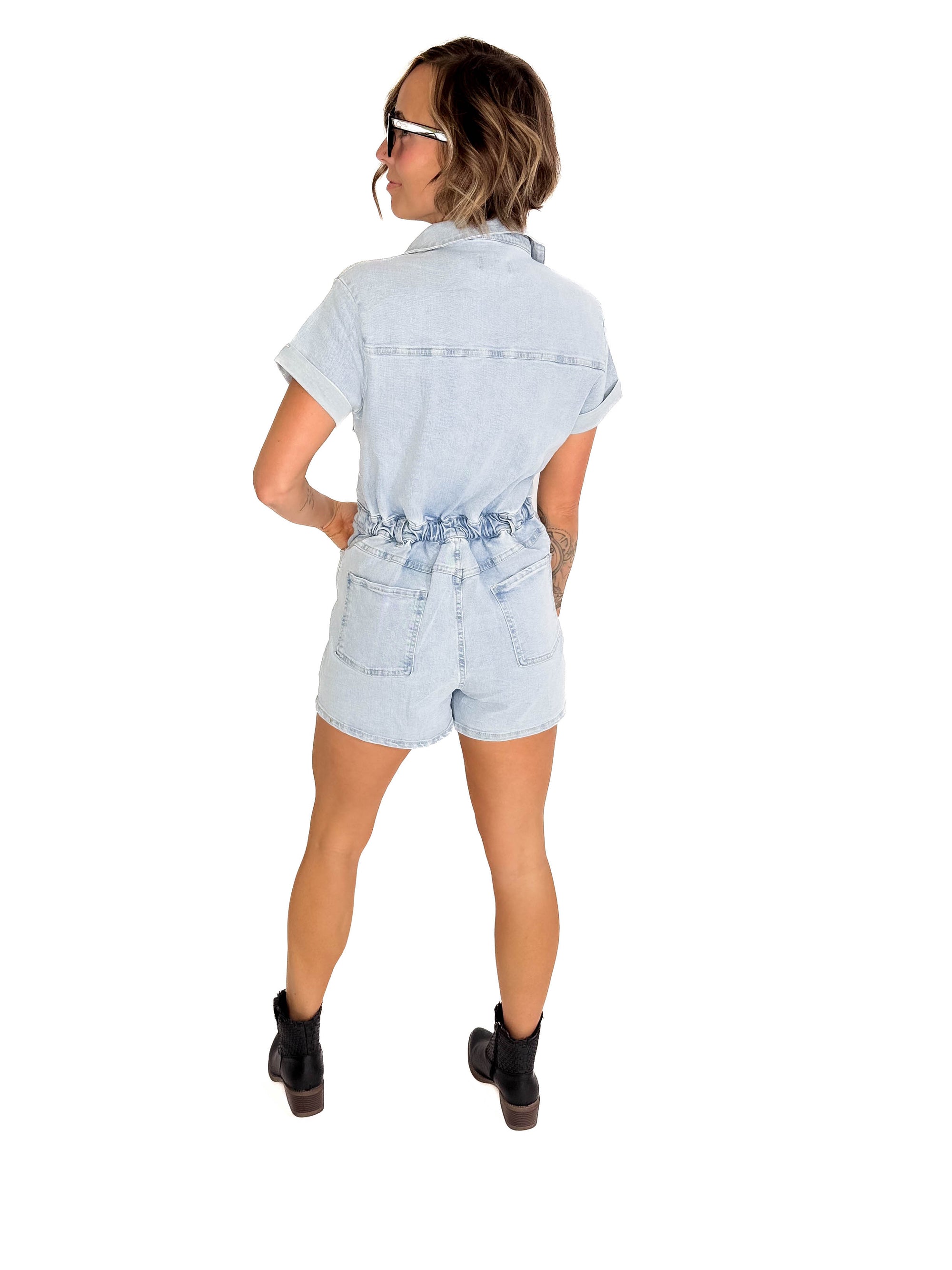 Evelyn Stretch Denim Romper- LIGHT BLUE