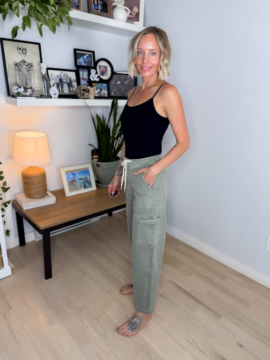 Flying Monkey Brianna High Rise Drawstring Cargo Barrel Jeans- ICEBERG GREEN
