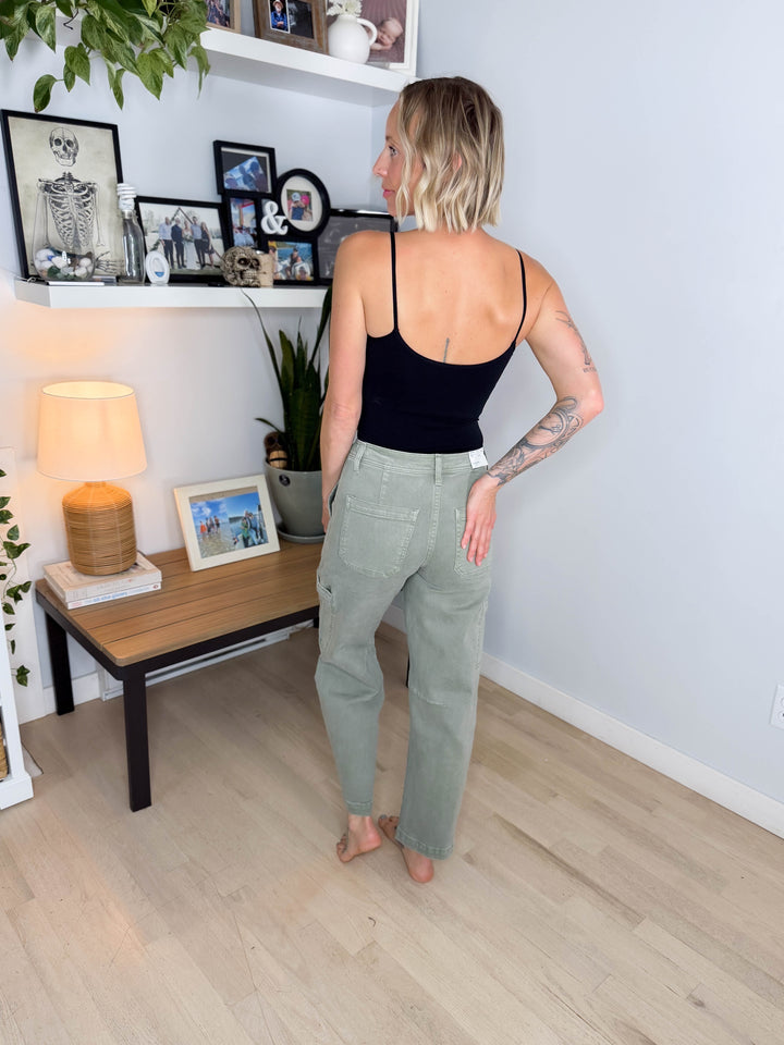 Flying Monkey Brianna High Rise Drawstring Cargo Barrel Jeans- ICEBERG GREEN