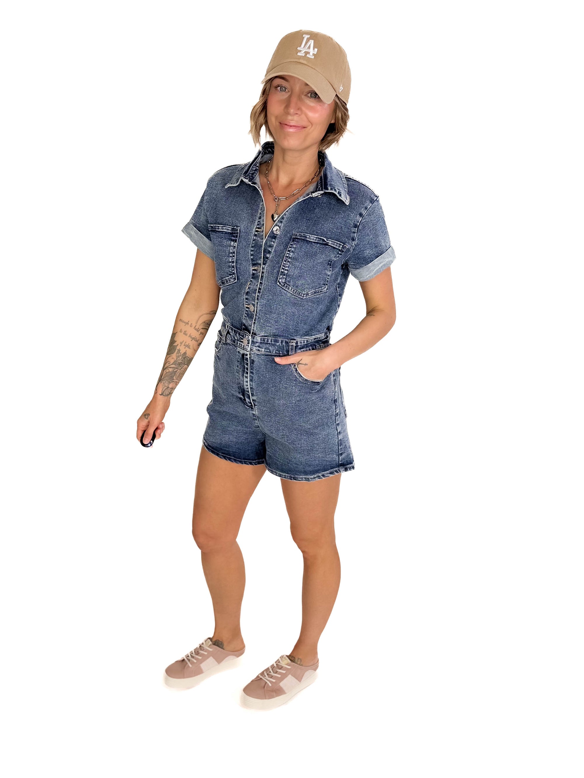 Evelyn Stretch Denim Romper- BLUE