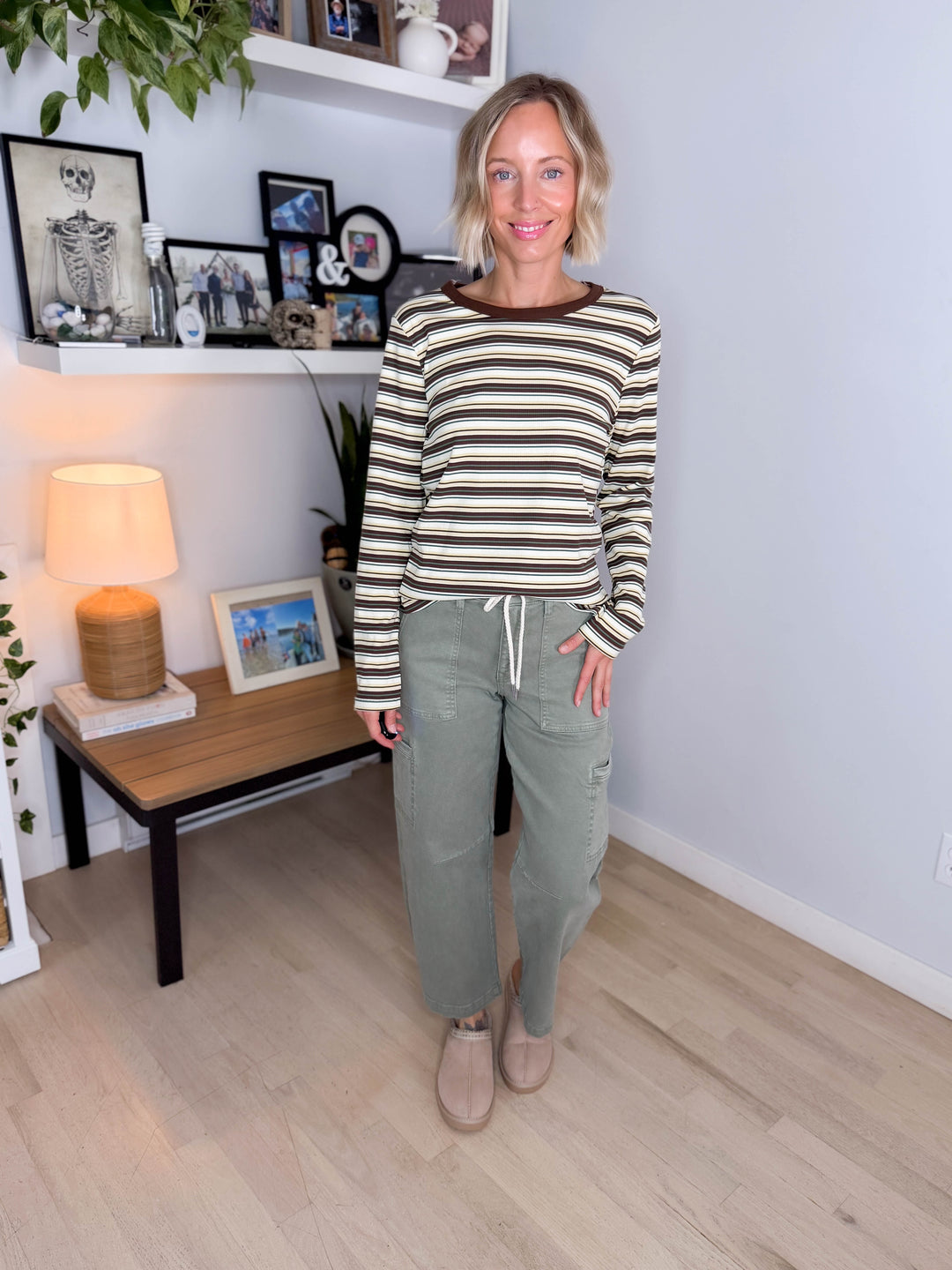 Alder Ribbed Crew Neck Long Sleeve- BROWN/IVORY