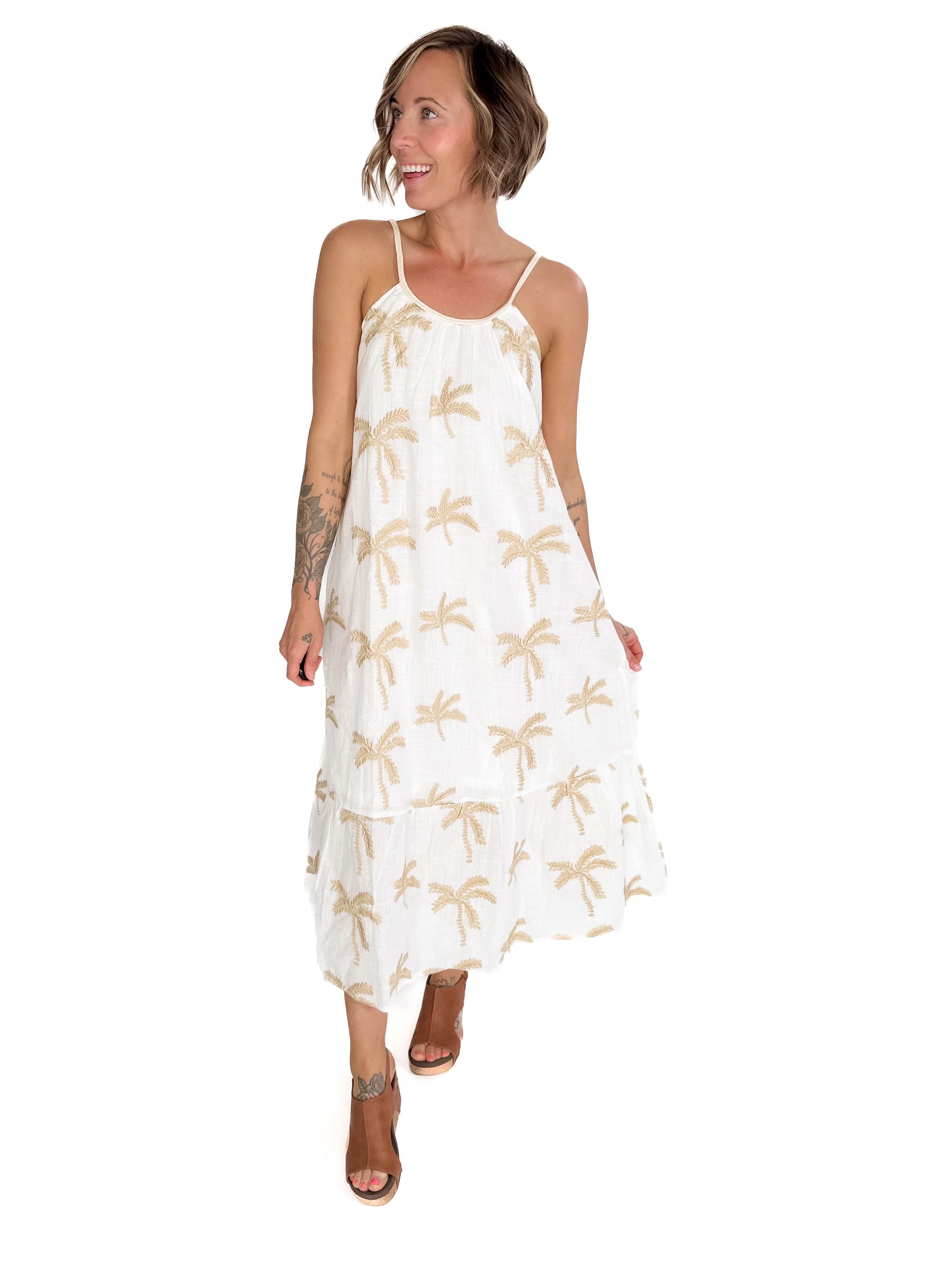 Tessa Palm Tree Midi Dress- OFF WHITE