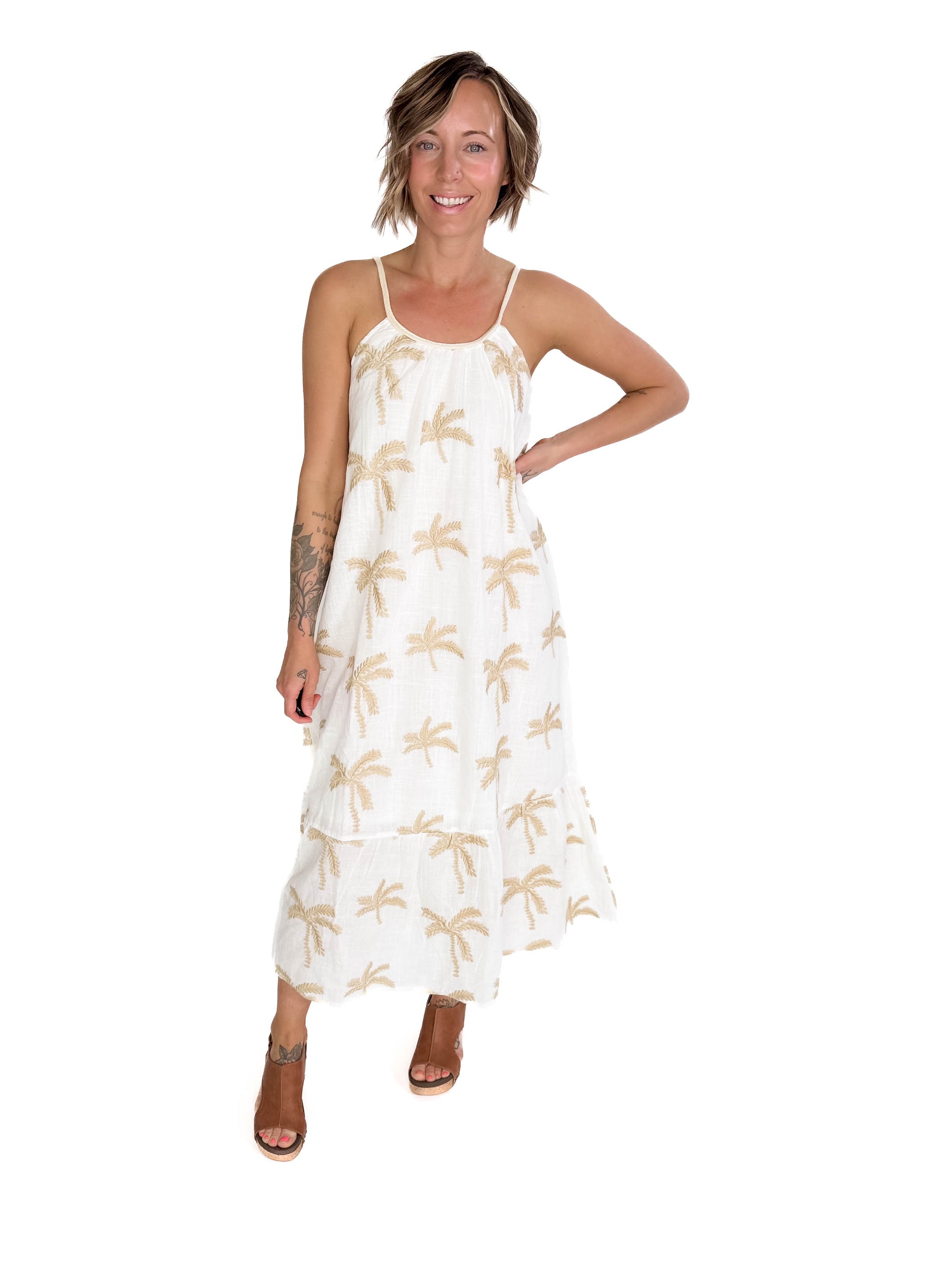 Tessa Palm Tree Midi Dress- OFF WHITE