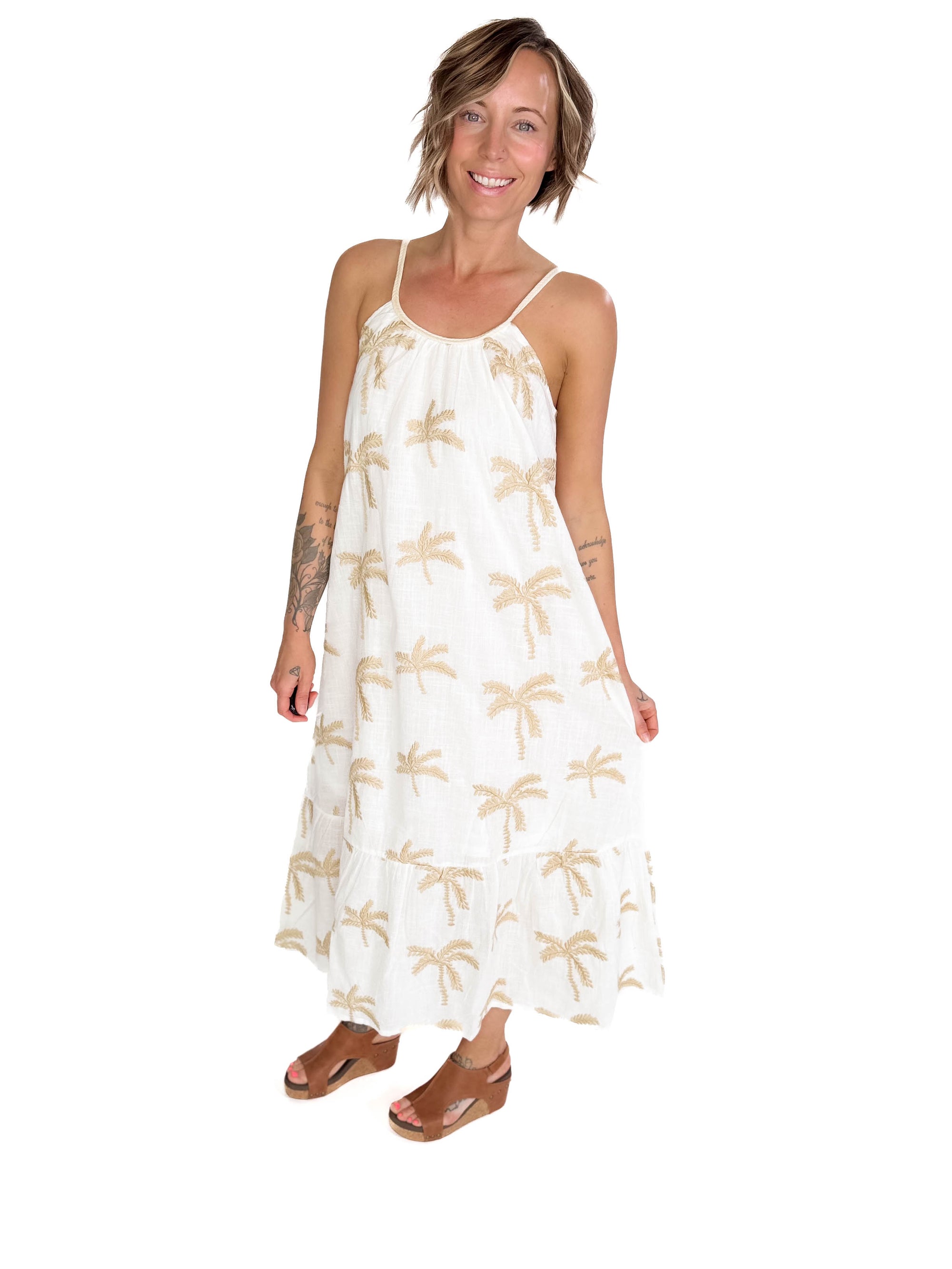Tessa Palm Tree Midi Dress- OFF WHITE