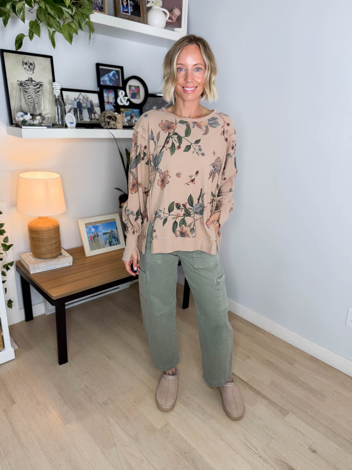 Megs Floral Pullover- ALMOND
