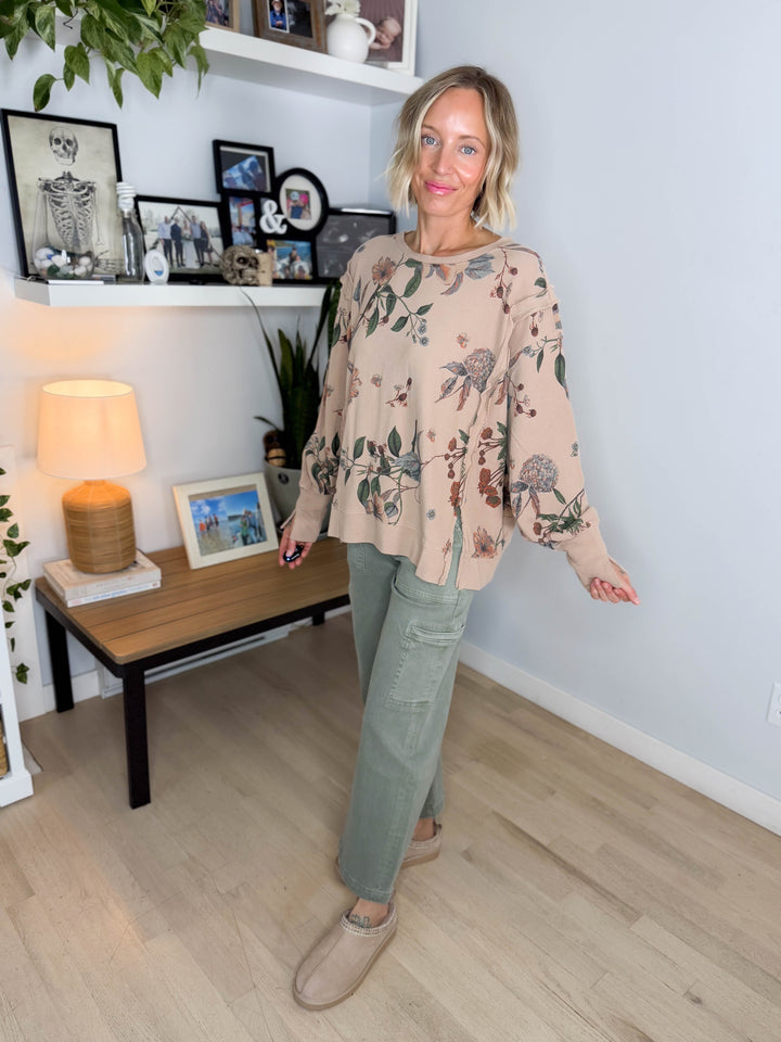 Megs Floral Pullover- ALMOND