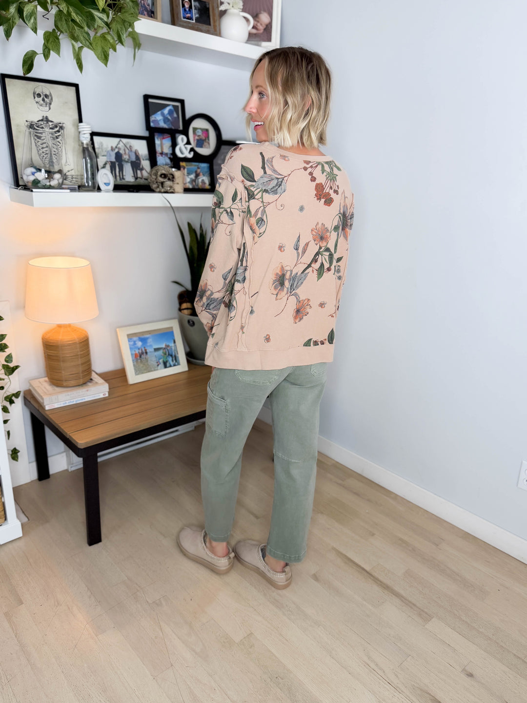 Megs Floral Pullover- ALMOND