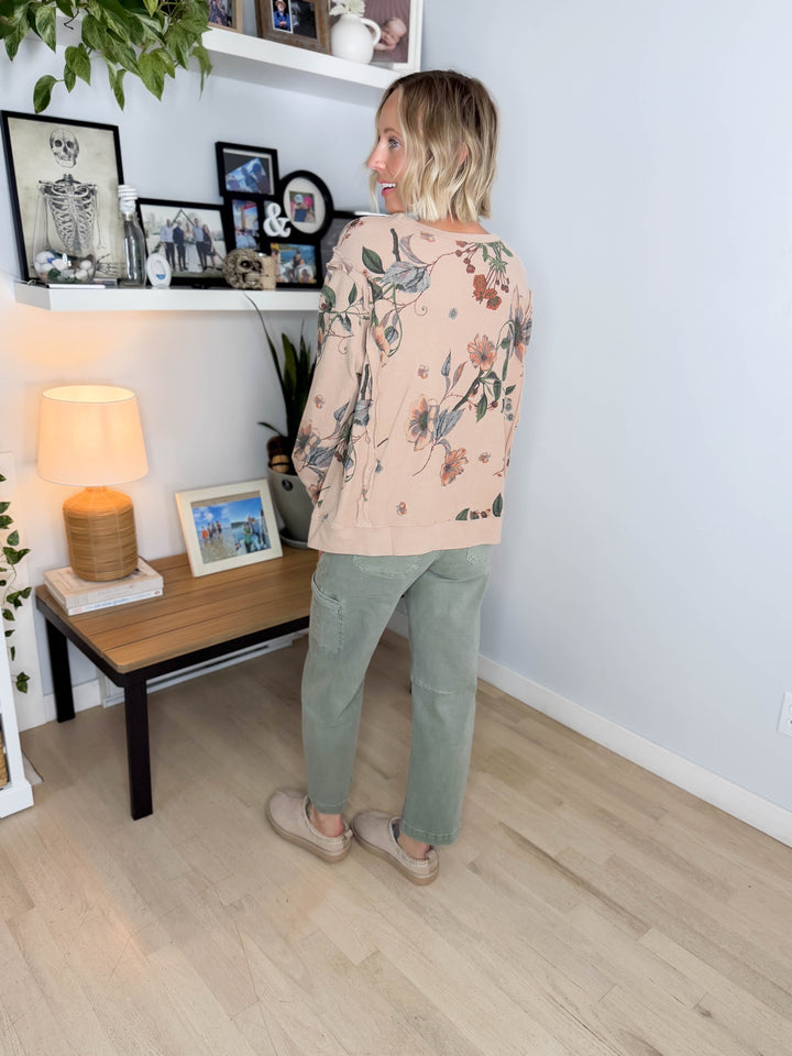 Megs Floral Pullover- ALMOND