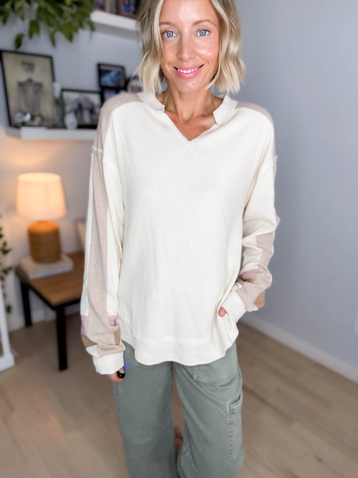 Elara Oversized Waffle Long Sleeve Pullover- NATURAL