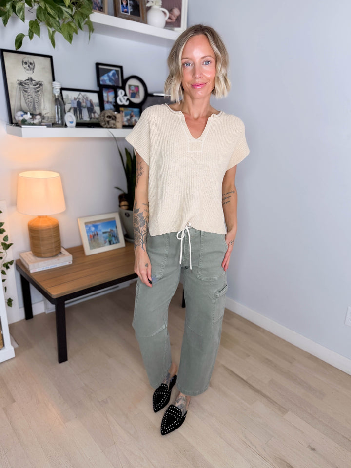 Larkin Split-Neck Sleeveless Knit Top- OATMEAL
