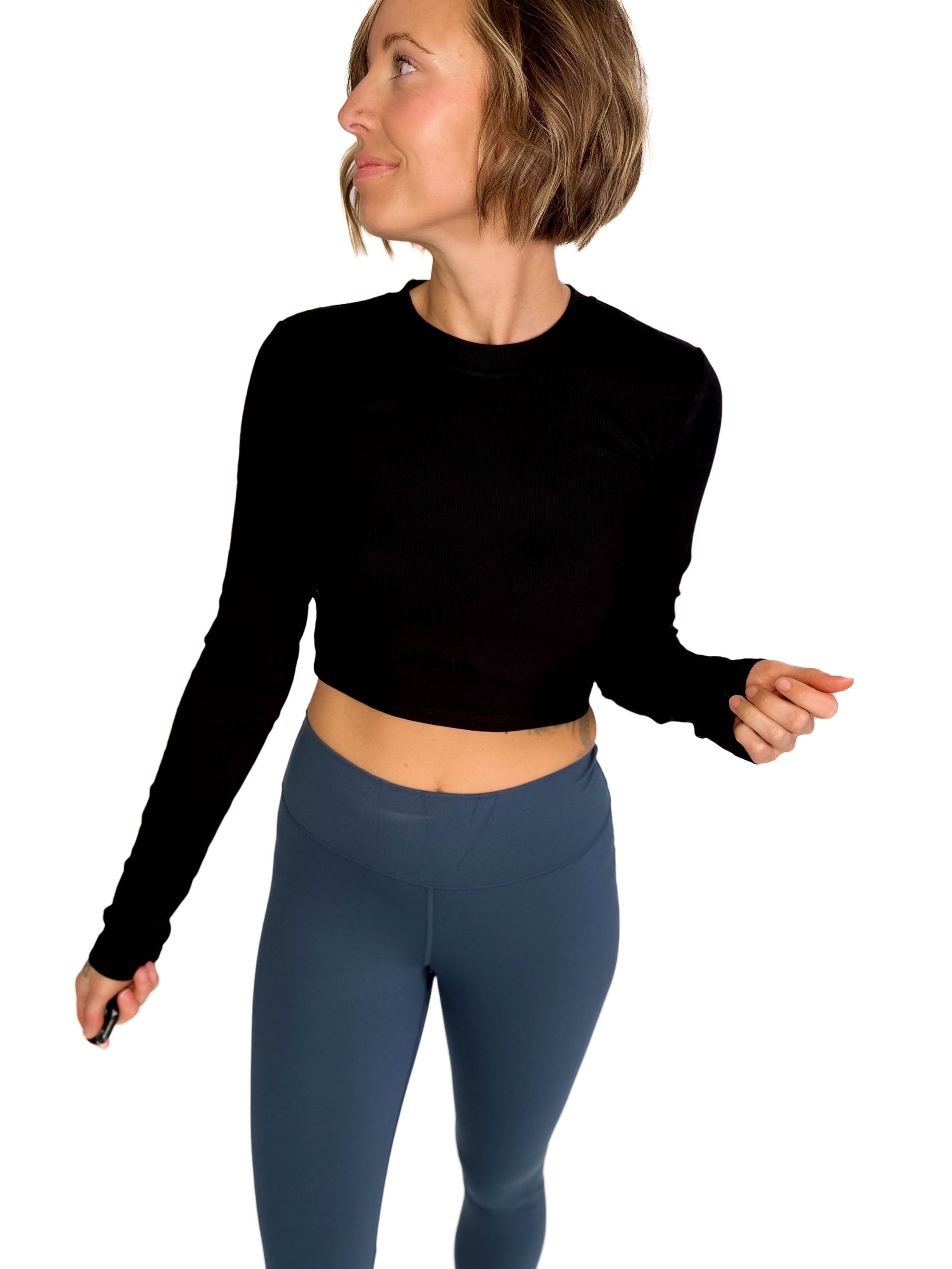 MONO B Linley Ribbed Crop Long Sleeve- BLACK