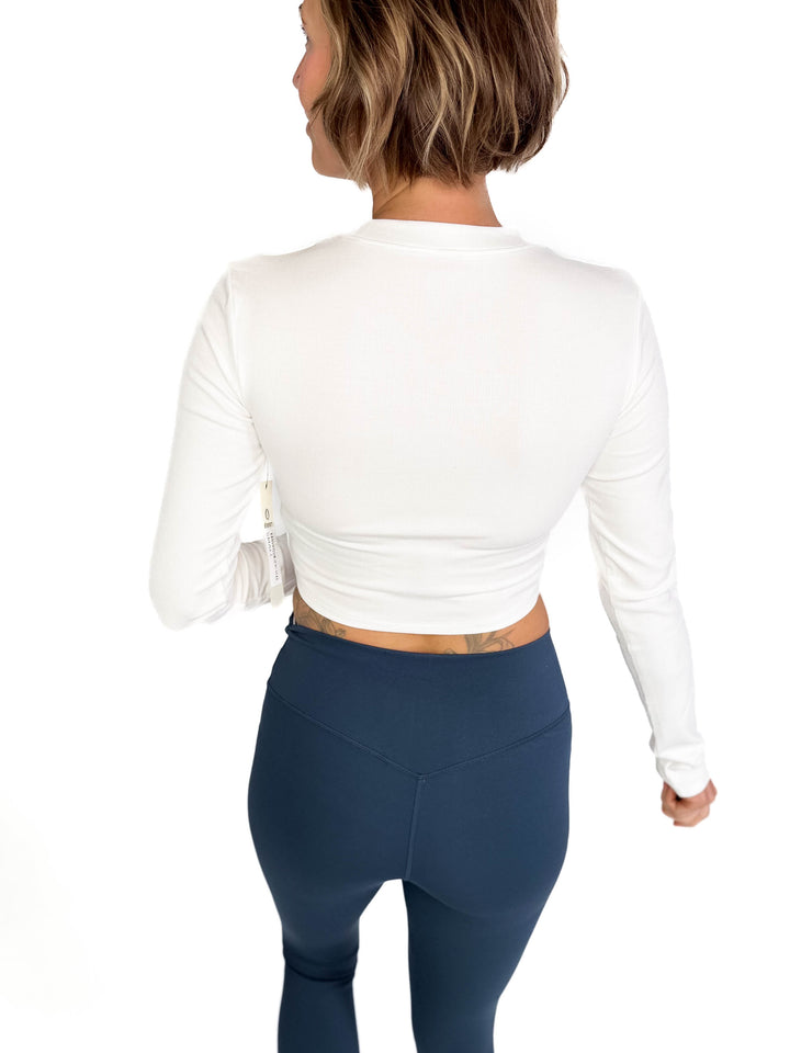 MONO B Linley Ribbed Crop Long Sleeve- WHITE-FINAL SALE