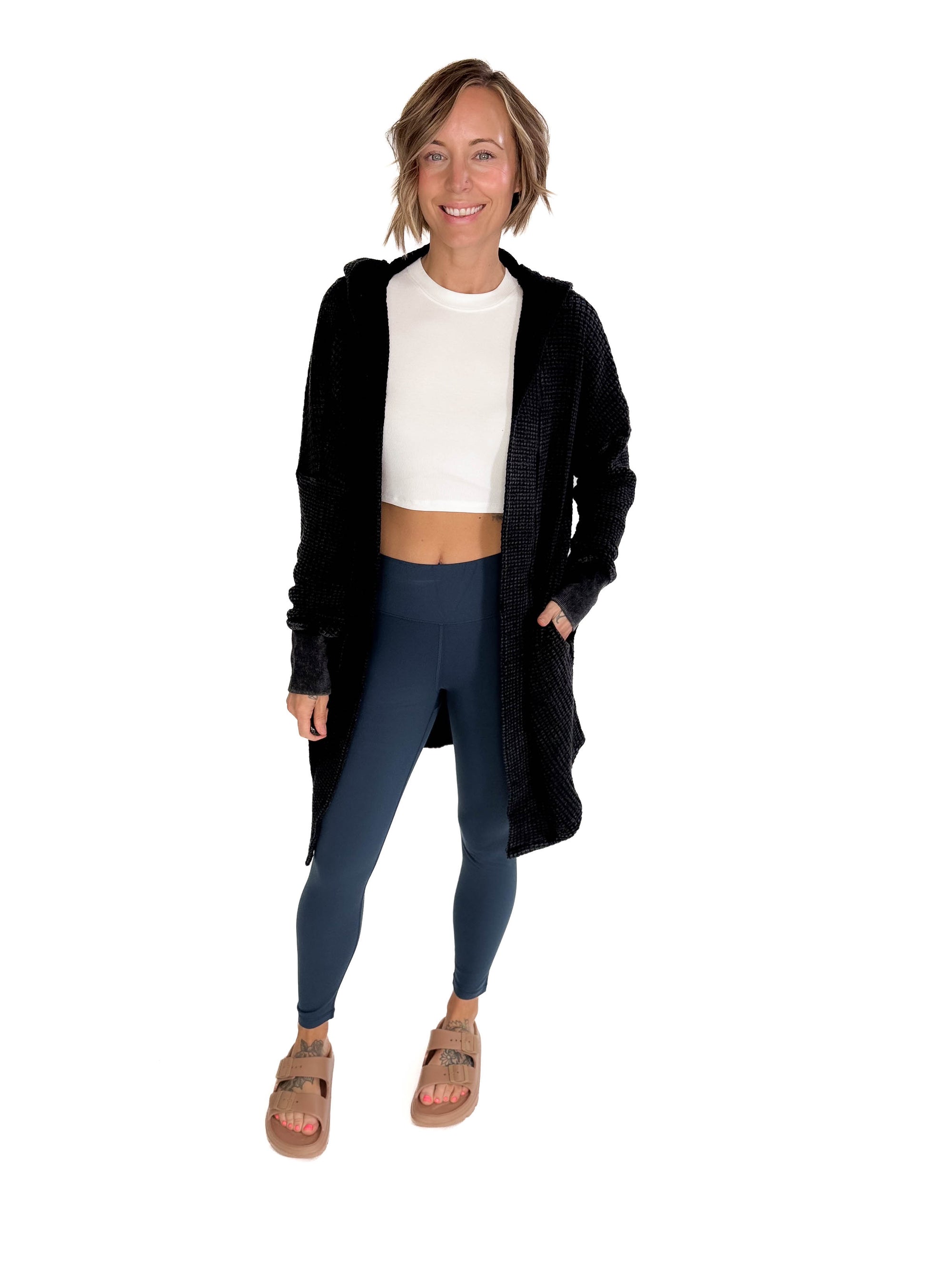 MONO B Freya Chunky Waffle Hooded Cardigan- BLACK