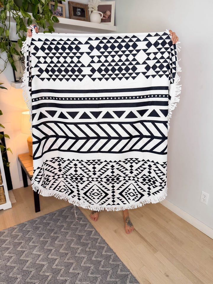 Beach Towel- BLACK AND WHITE AZTEC