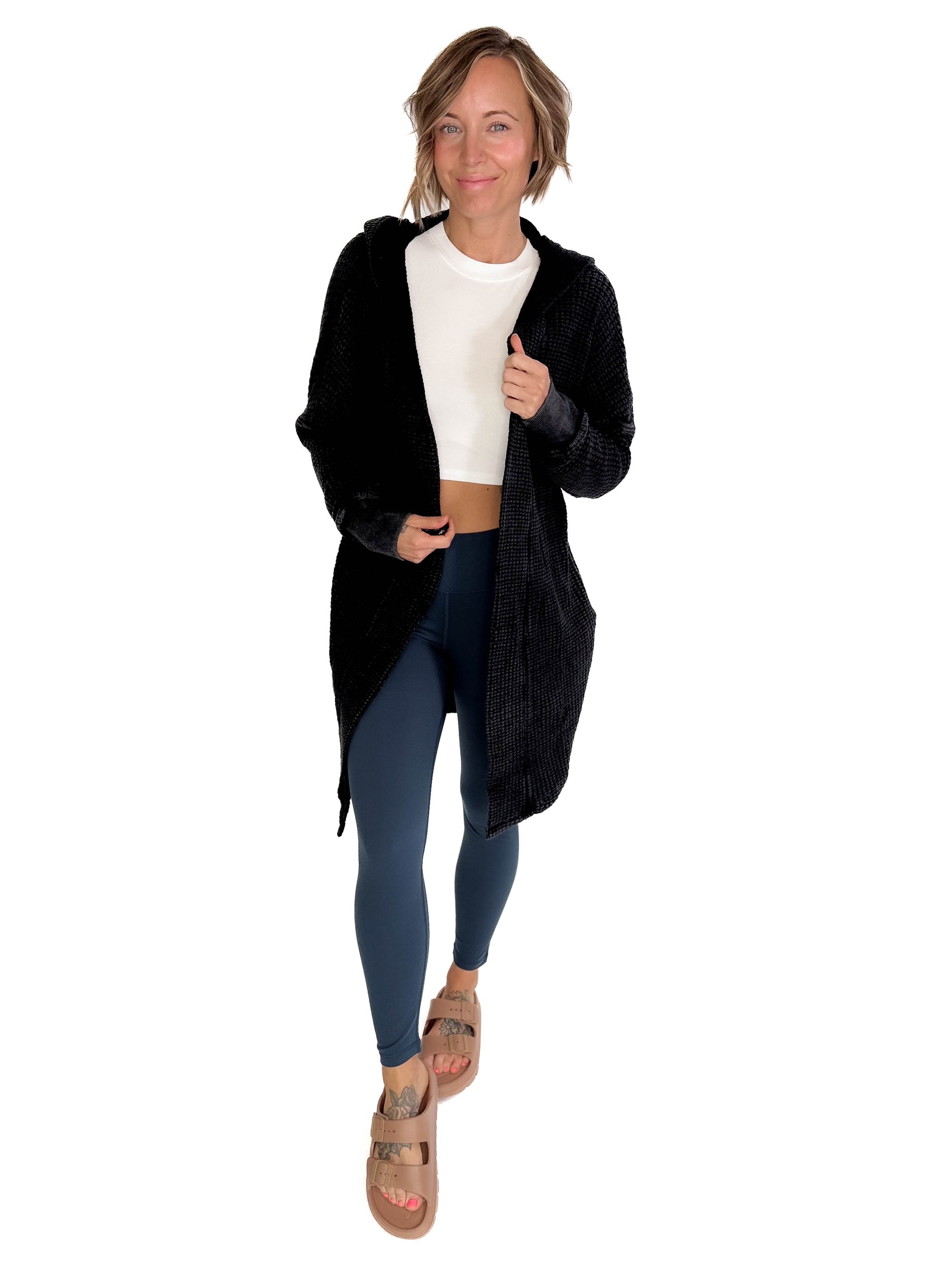 MONO B Freya Chunky Waffle Hooded Cardigan- BLACK