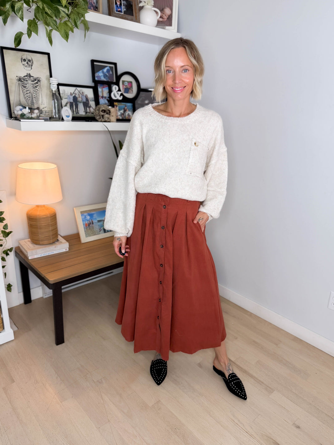 Janice Pleated Button Front Midi Skirt- MARSALA