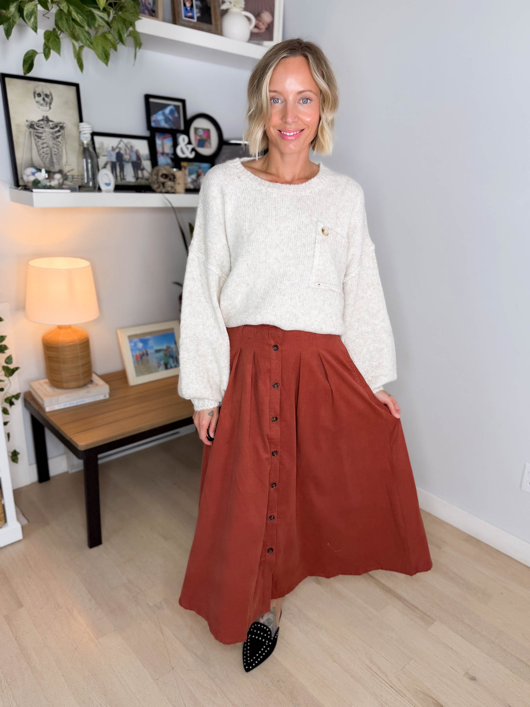 Janice Pleated Button Front Midi Skirt- MARSALA