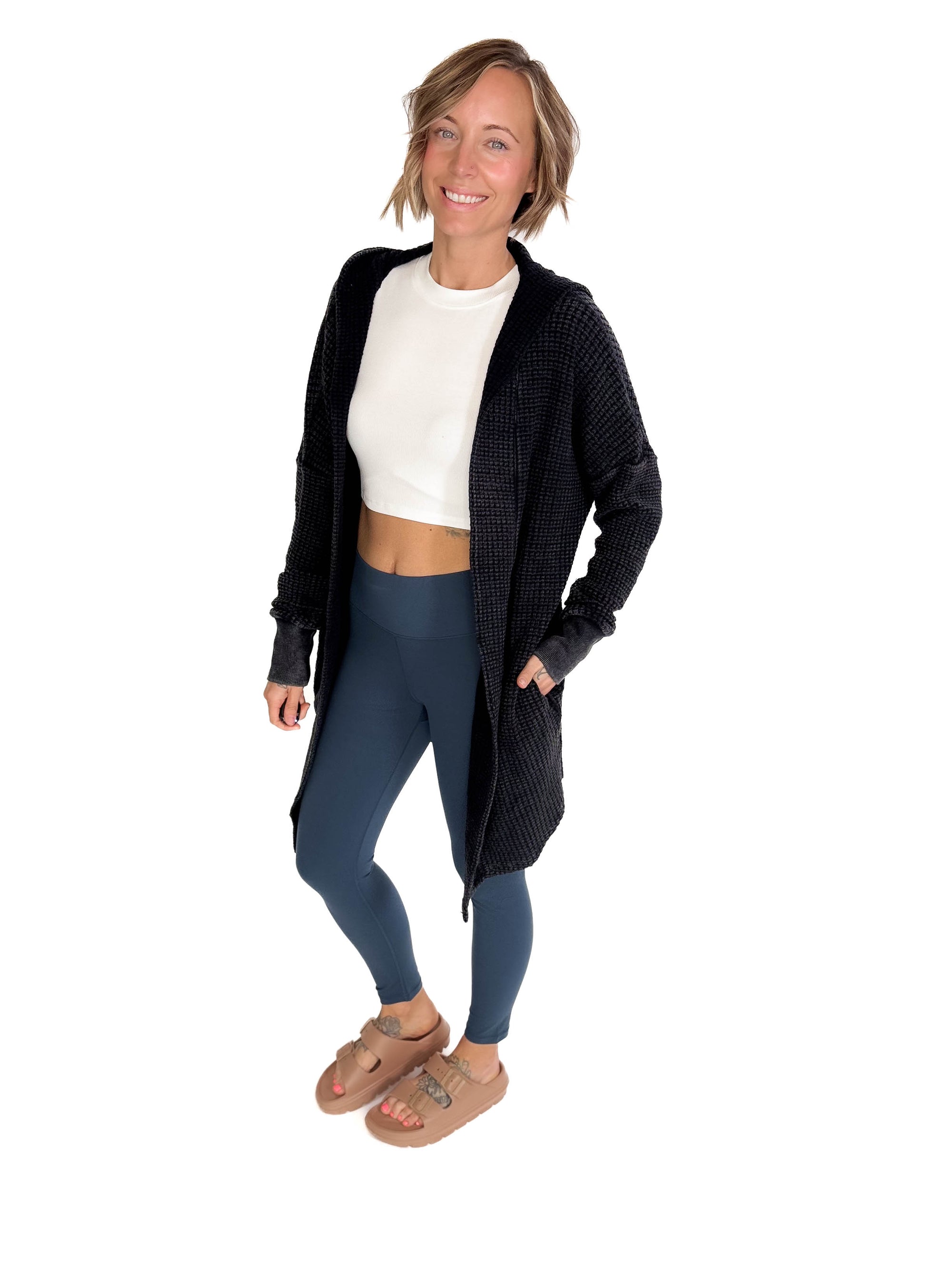 MONO B Freya Chunky Waffle Hooded Cardigan- BLACK