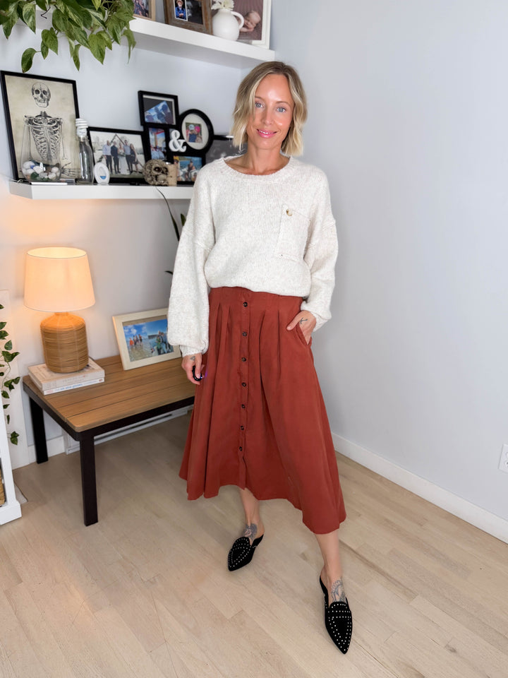 Janice Pleated Button Front Midi Skirt- MARSALA