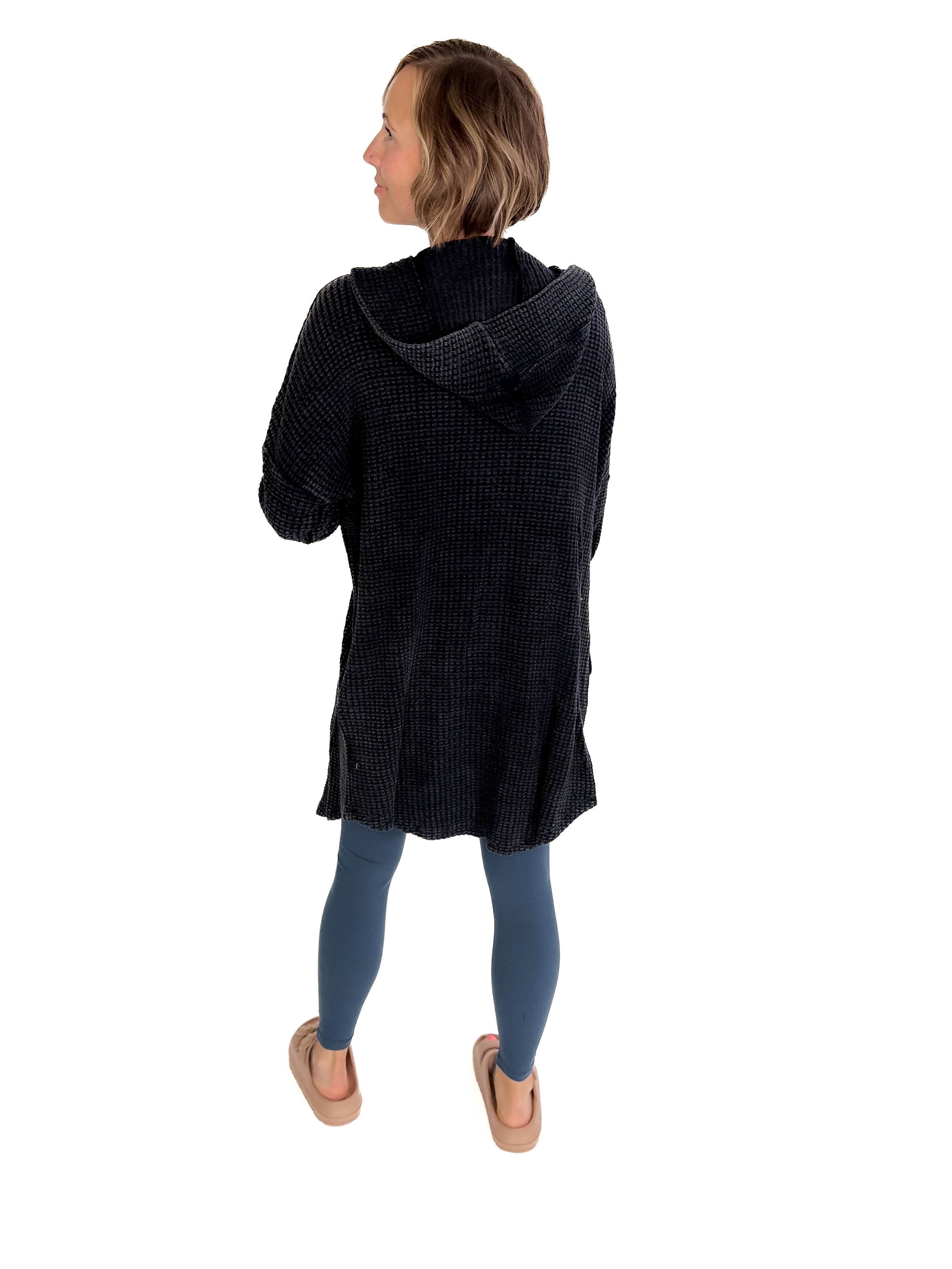 MONO B Freya Chunky Waffle Hooded Cardigan- BLACK