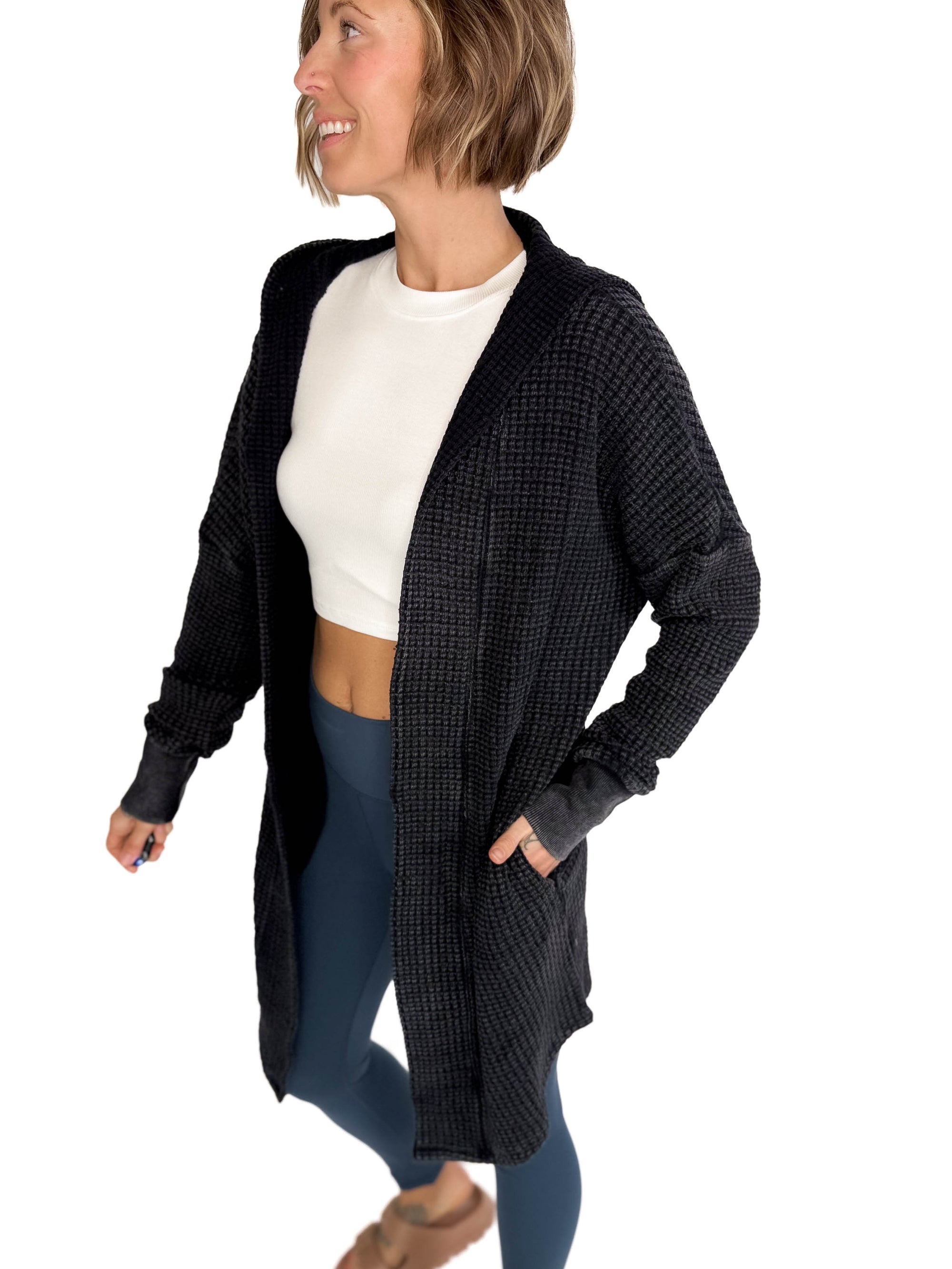 MONO B Freya Chunky Waffle Hooded Cardigan- BLACK