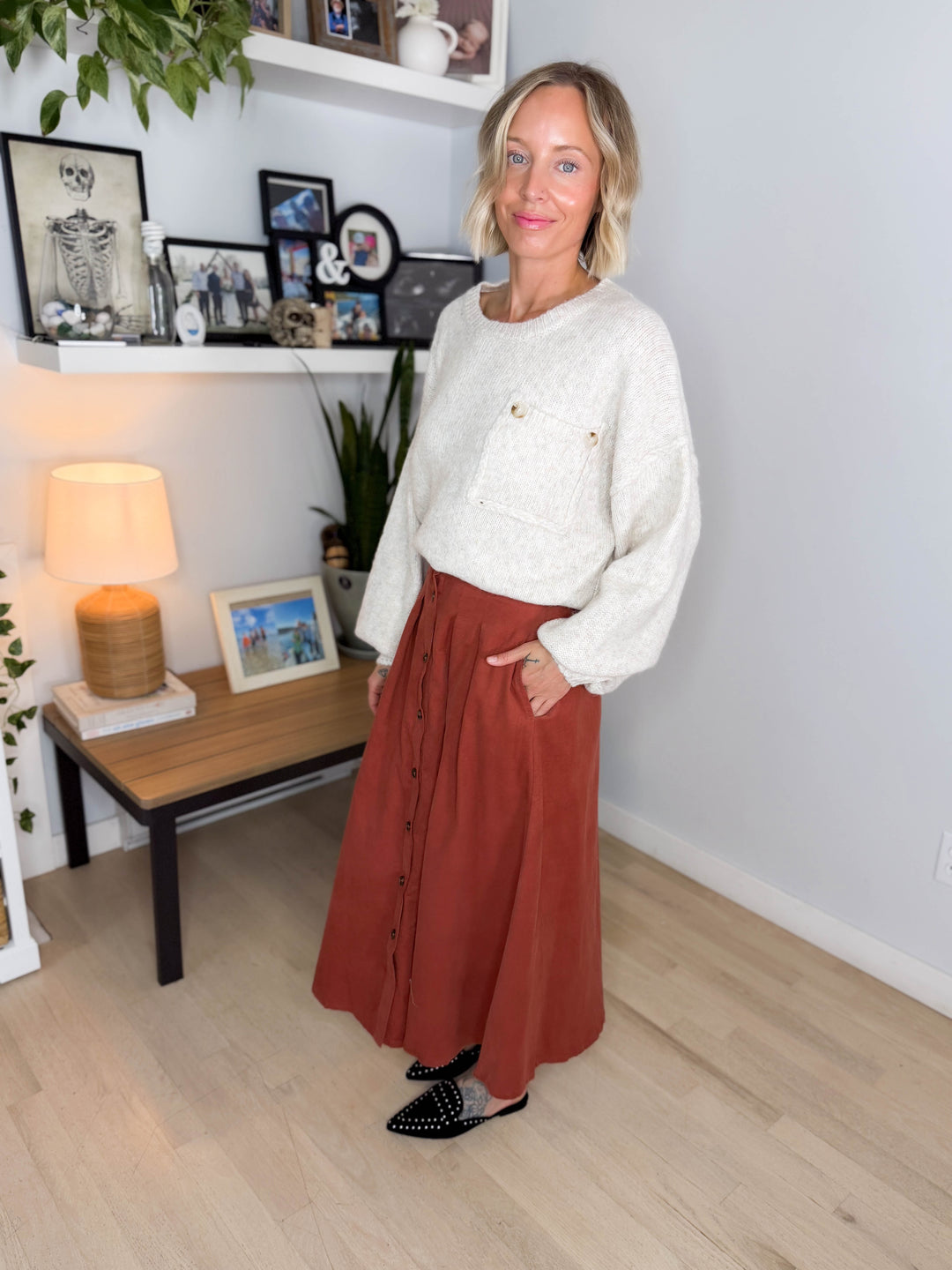 Janice Pleated Button Front Midi Skirt- MARSALA