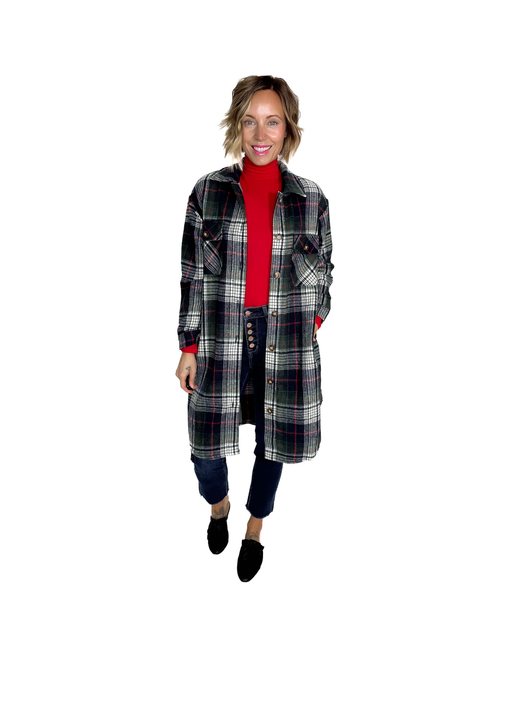 Mrs. Claus Plaid Shacket- GREEN MULTI