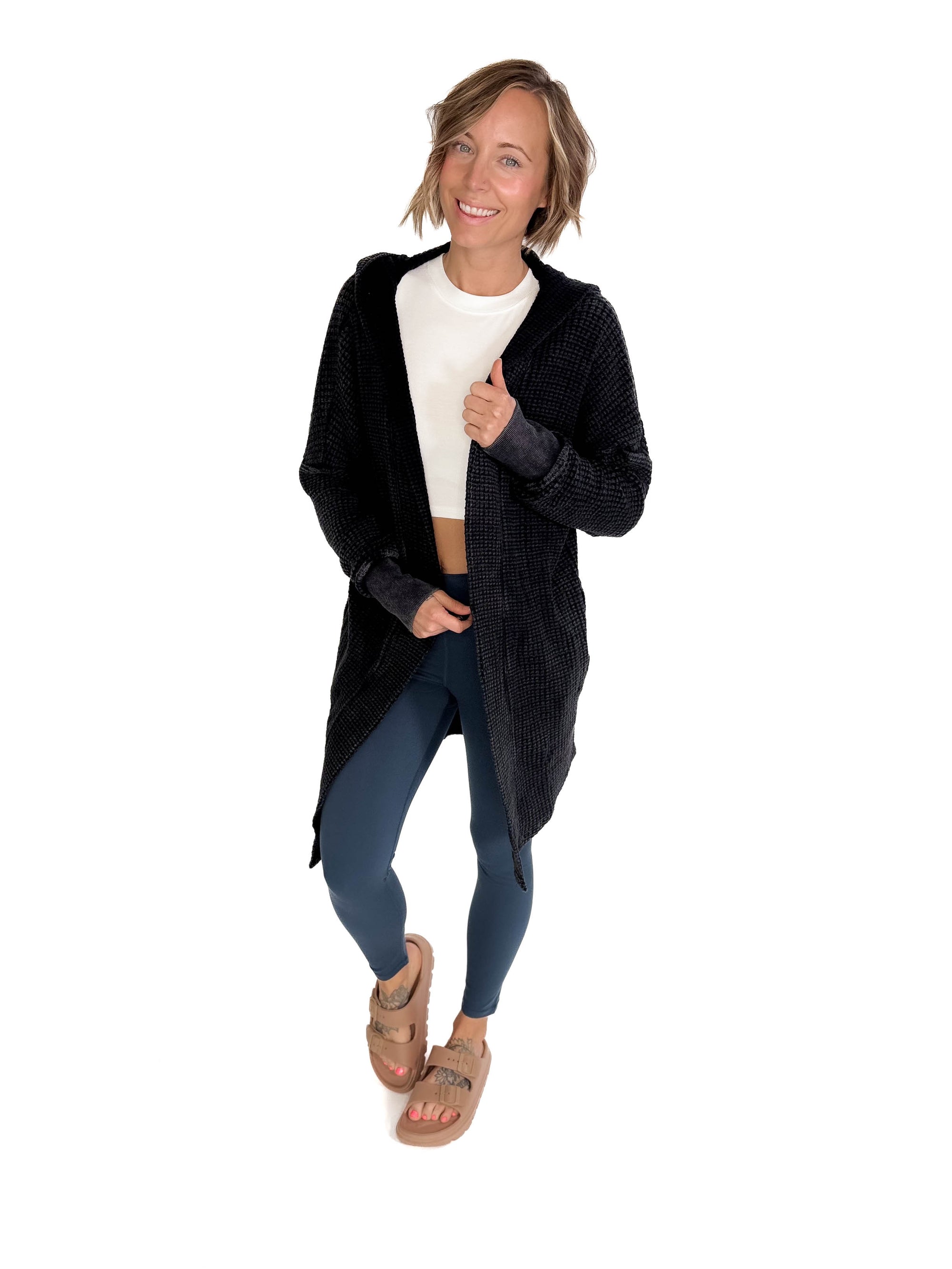 MONO B Freya Chunky Waffle Hooded Cardigan- BLACK