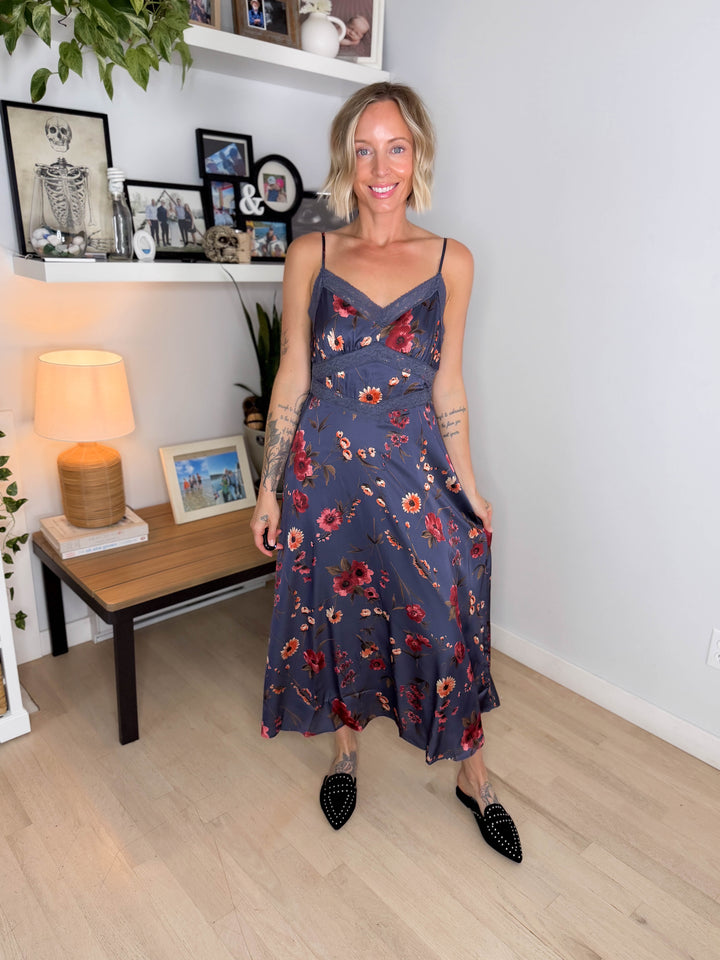 Caraway Floral Empire Neck Satin Midi Dress- MIDNIGHT