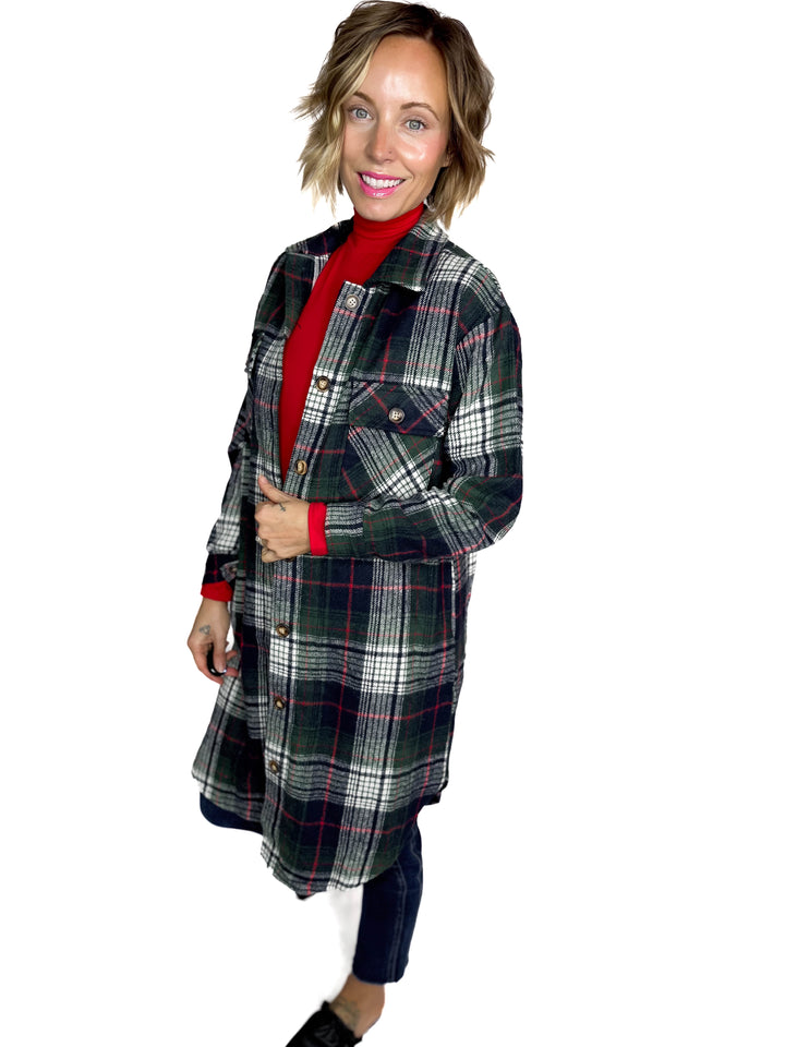 Mrs. Claus Plaid Shacket- GREEN MULTI