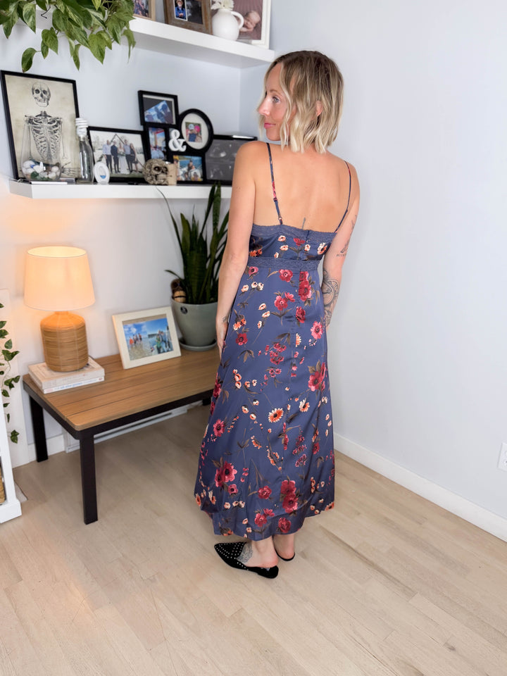 Caraway Floral Empire Neck Satin Midi Dress- MIDNIGHT