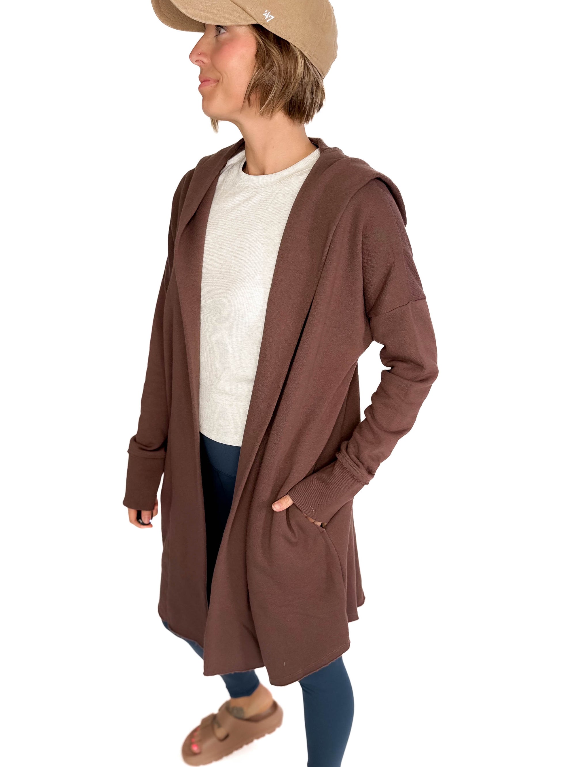 MONO B Whistler Longline Hoodie Cardigan- ESPRESSO